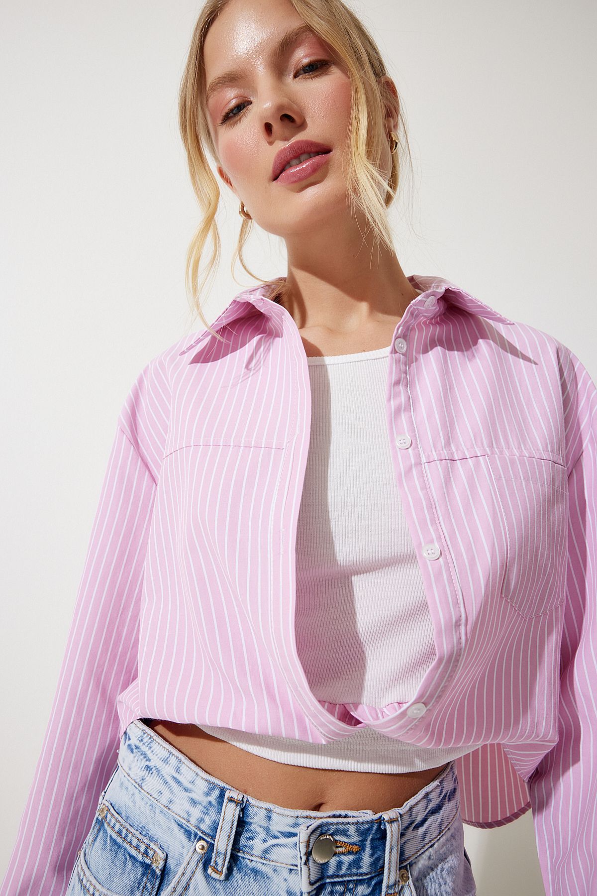 Female Pink Blouse Detail Crop Shirt RG00022