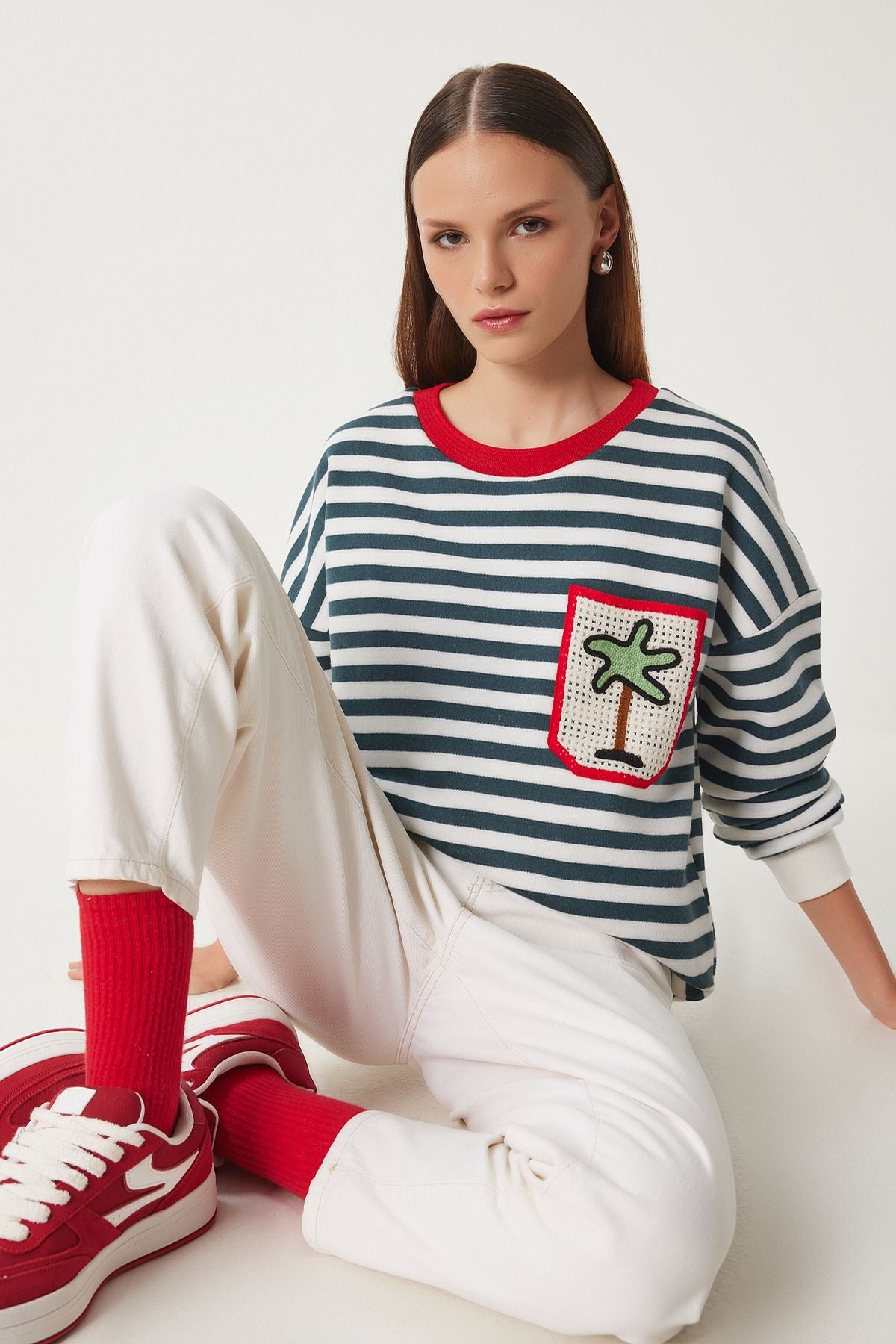 Woman Ecru Green Knitted Pocket striped Red Knitting Sweatshirt NV00074