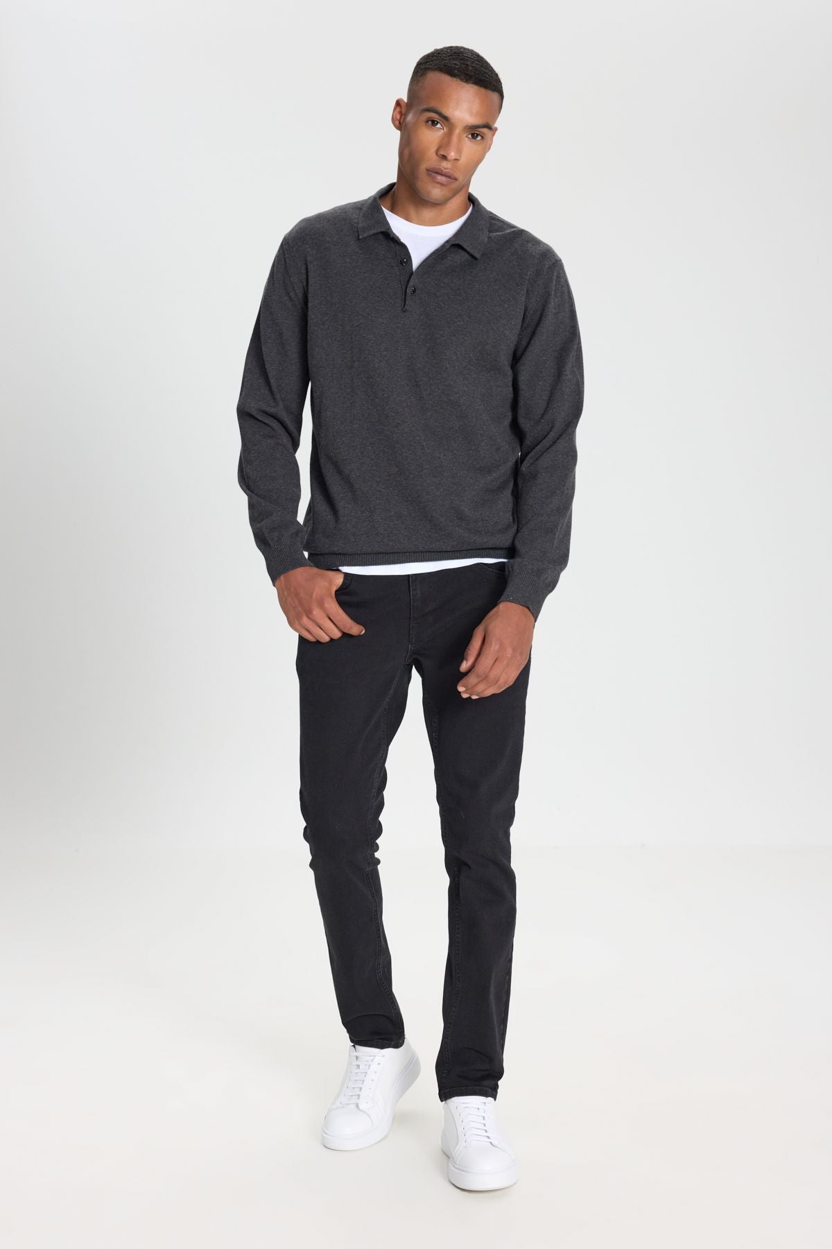 Men's anthracite-melanj cotton standard fit Normal cut Polico Knitwear sweater