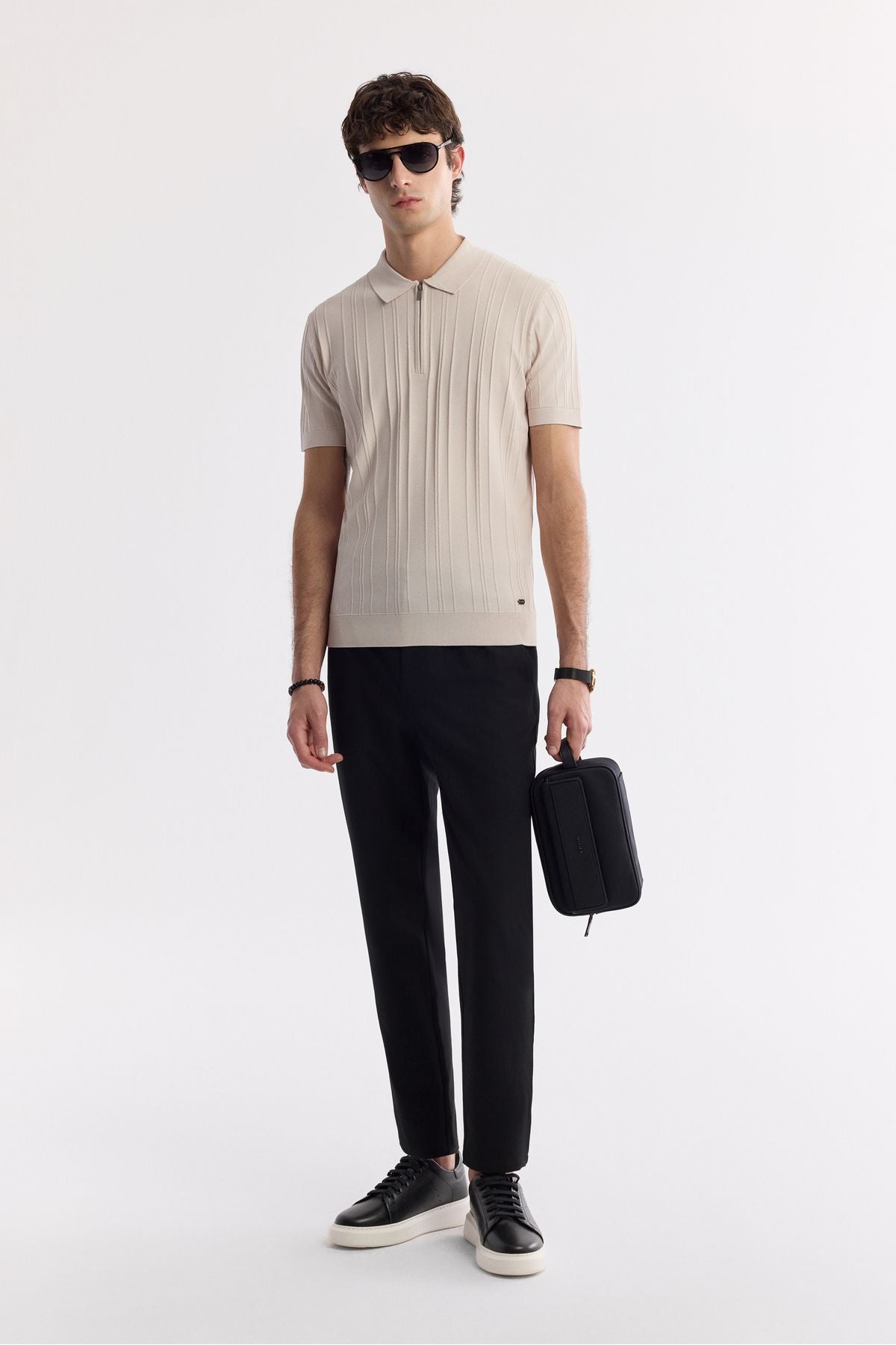 Men's Beige Polo Yaka Zippered Wick Knit Detailed Rayon Triko T-Shirt A51Y5046