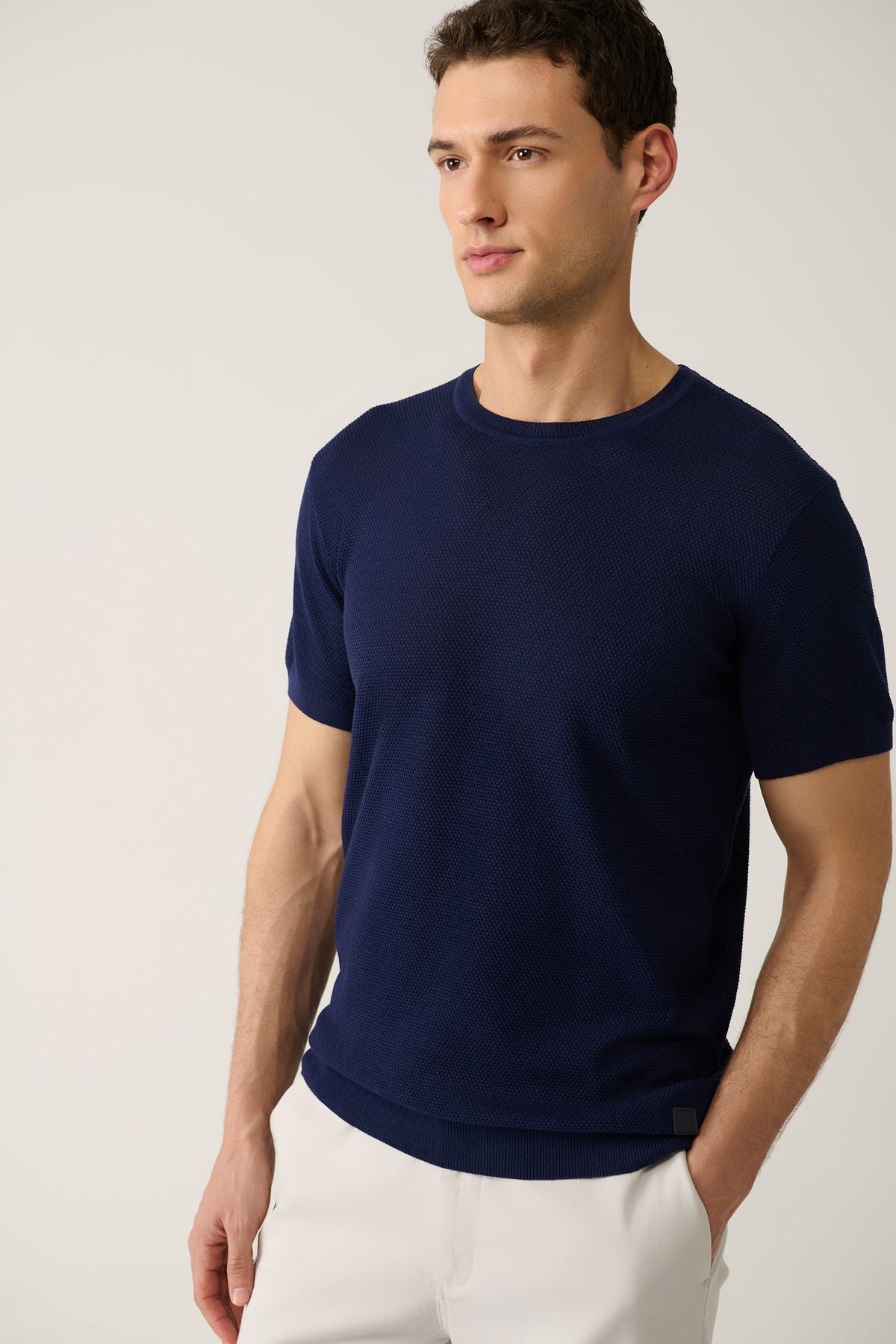 Men's Navy Blue Knitwear T-shirt Crew Neck Textured Cotton Regular Fit E005027