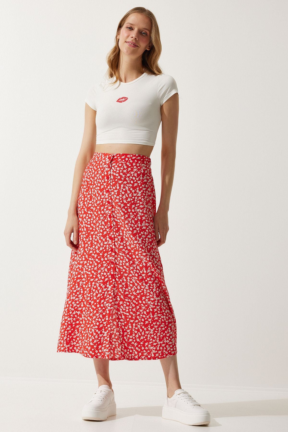 Female Orange Patterned Slit viscose skirt UB00246