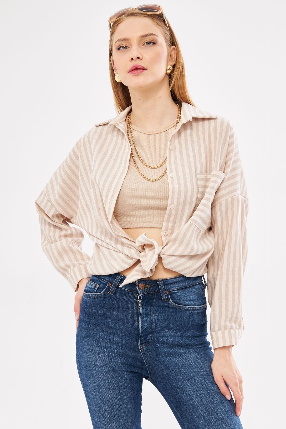 Female mink striped long arm pocket detailed pleatedly overlaw shirt ARM-24Y001057