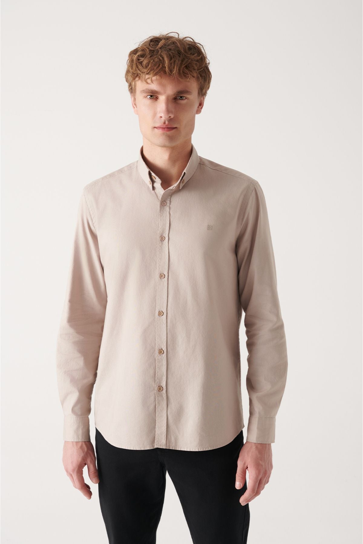 Men's Beige Oxford 100 %Cotton button collar shirt B002003