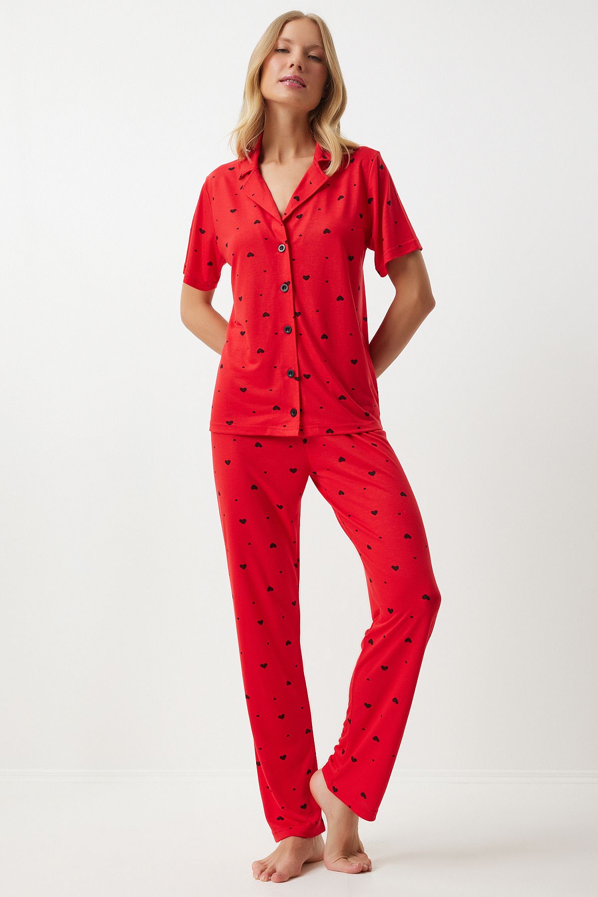 Female red -hearted shirt pants pajama set EC00036