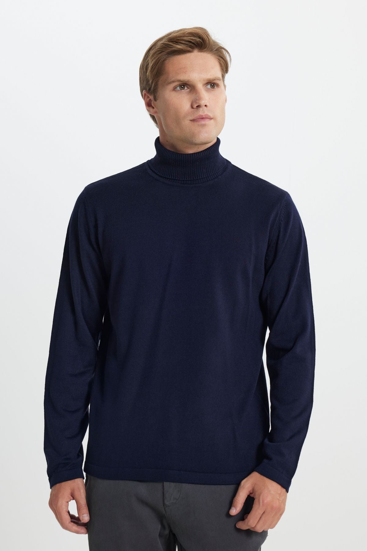 Men's navy blue standard fit normal cut full fisherman collar knitwear sweater