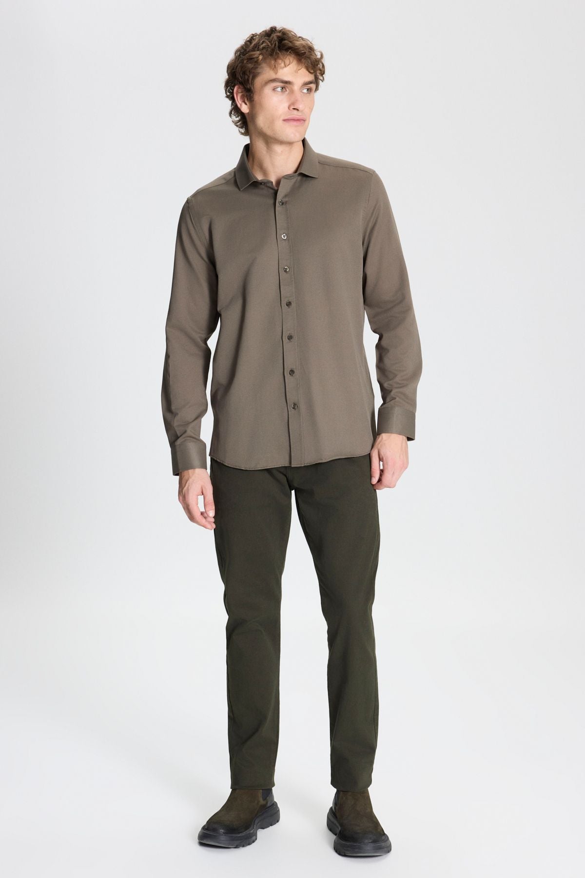Men's Khaki Easy ironing Slim Fit Narrow Cutting Italian collar Achaequal Shirt