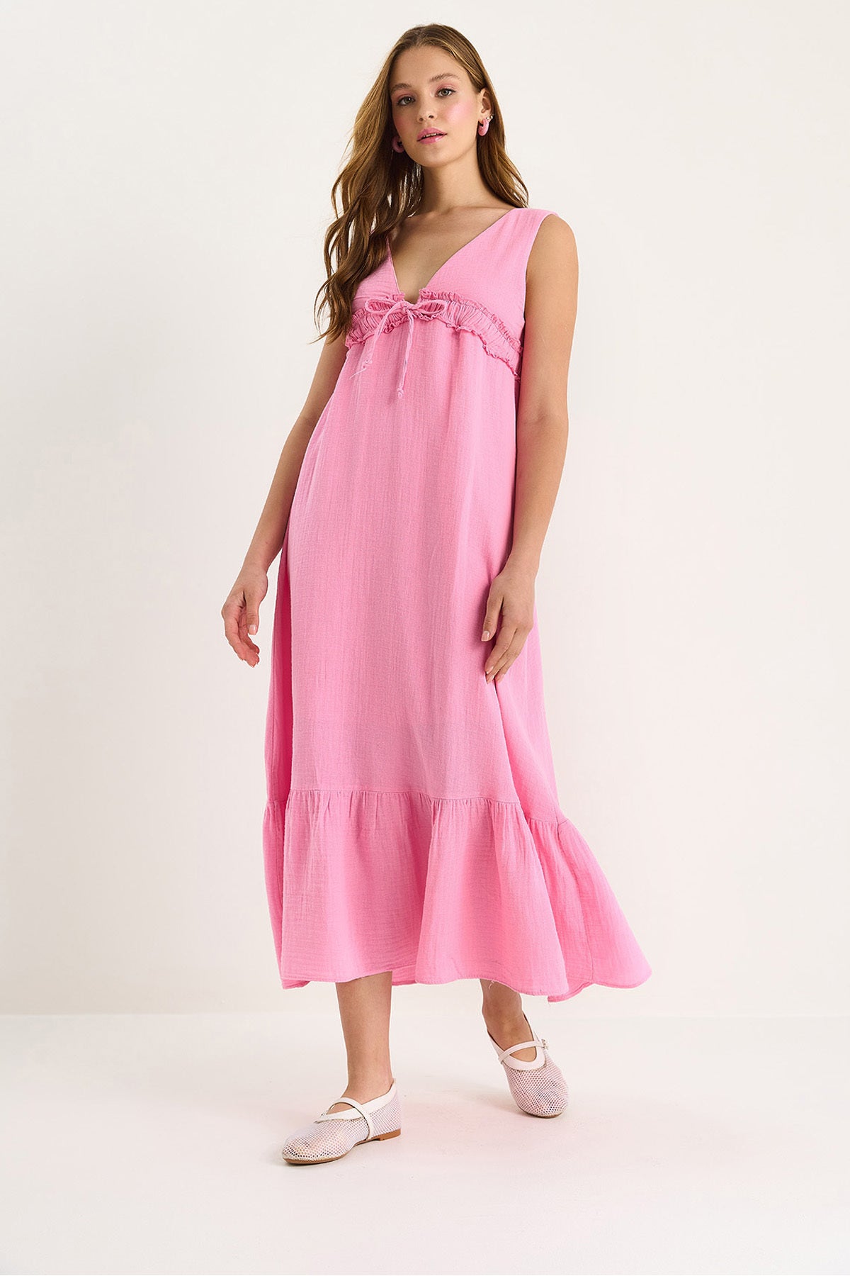 Women's V-Neck Tie Detailed Lined Muslin Dress 3043 60283456