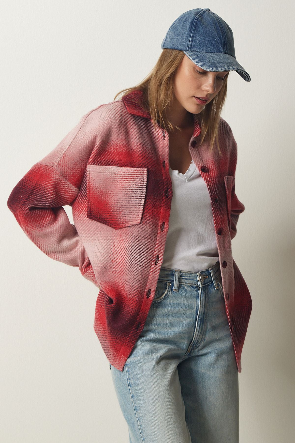 Kadın Kırmızı Oduncu Oversize Kaşe Gömlek Ceket TU00035