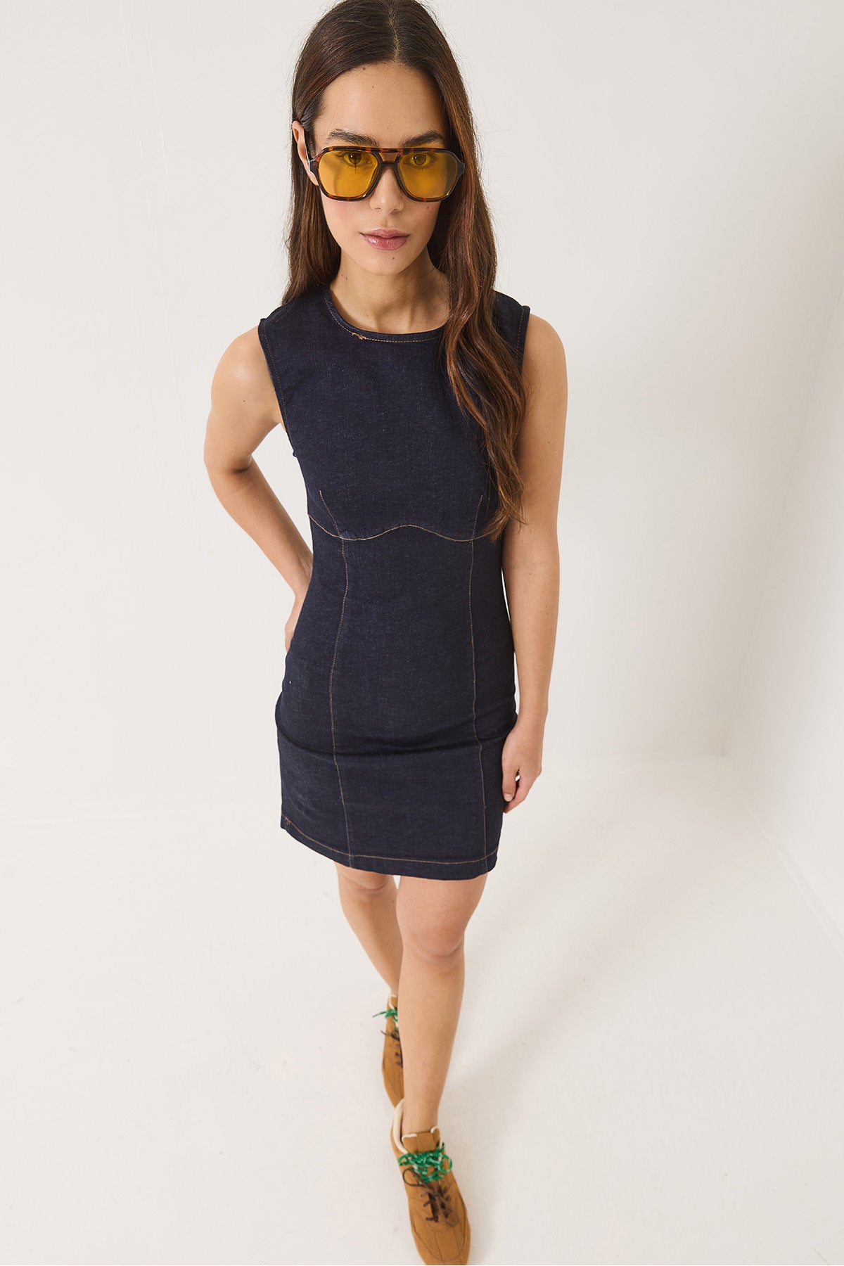 Women's Crew Neck Lycra Summer Denim Dress 8038 60283163