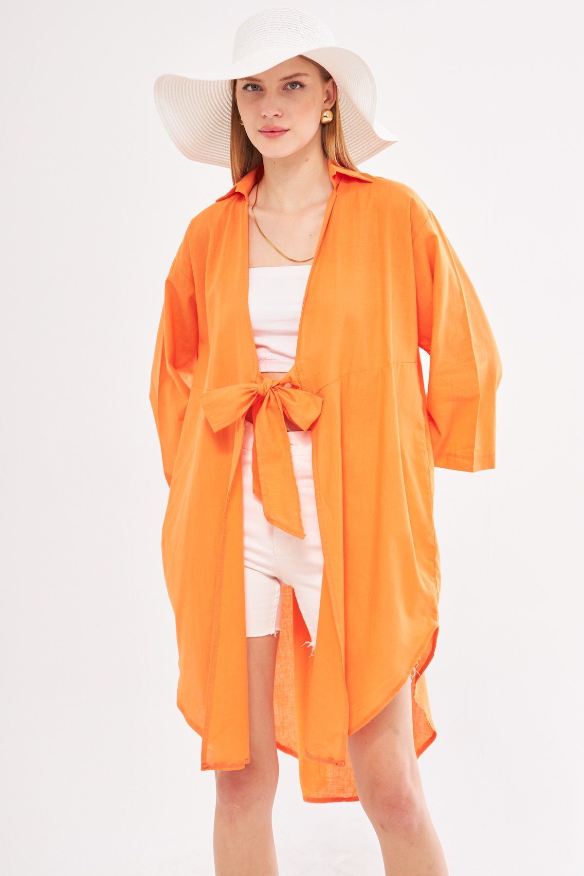 Female Orange front-binding thin linen fabric midi height kimono shirt ARM-24Y001081
