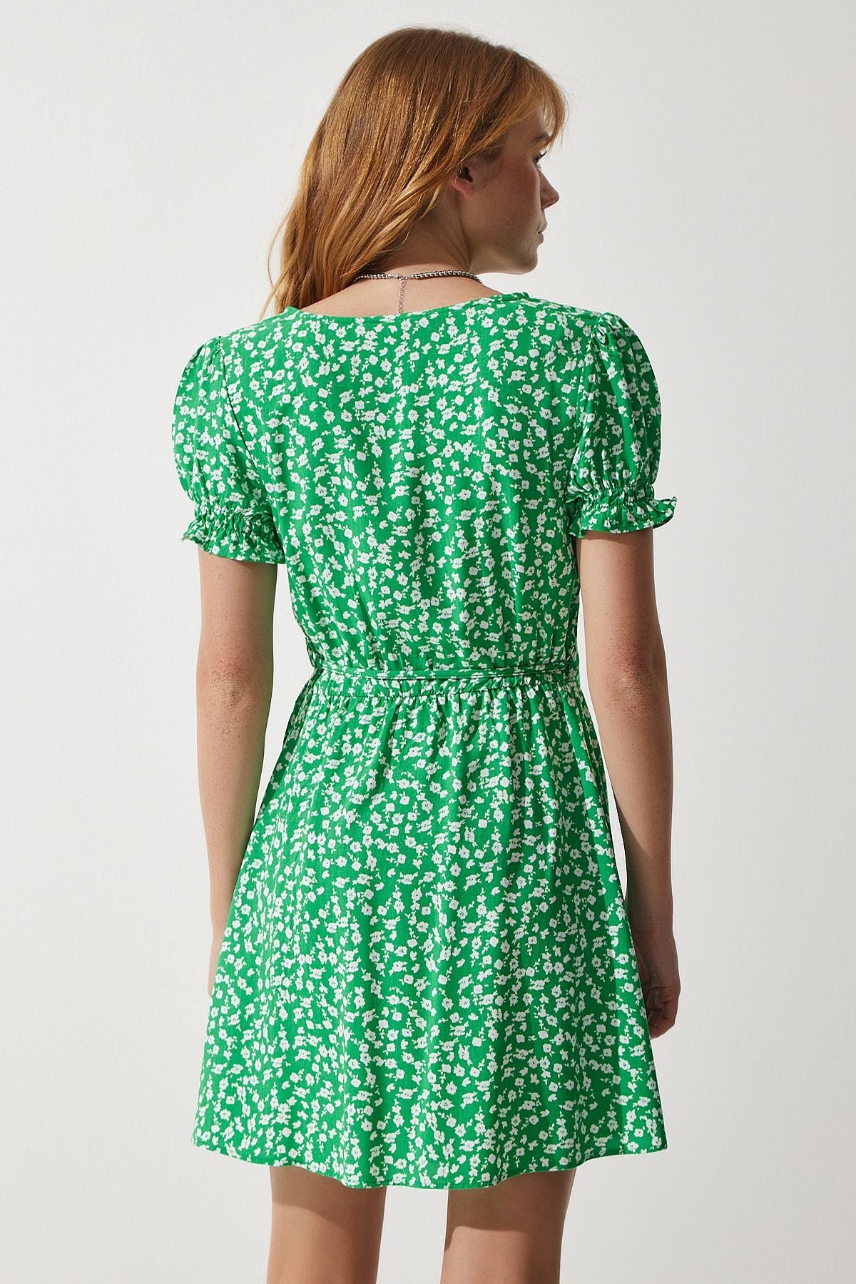 Female green patterned viscose weaving dress ub00111