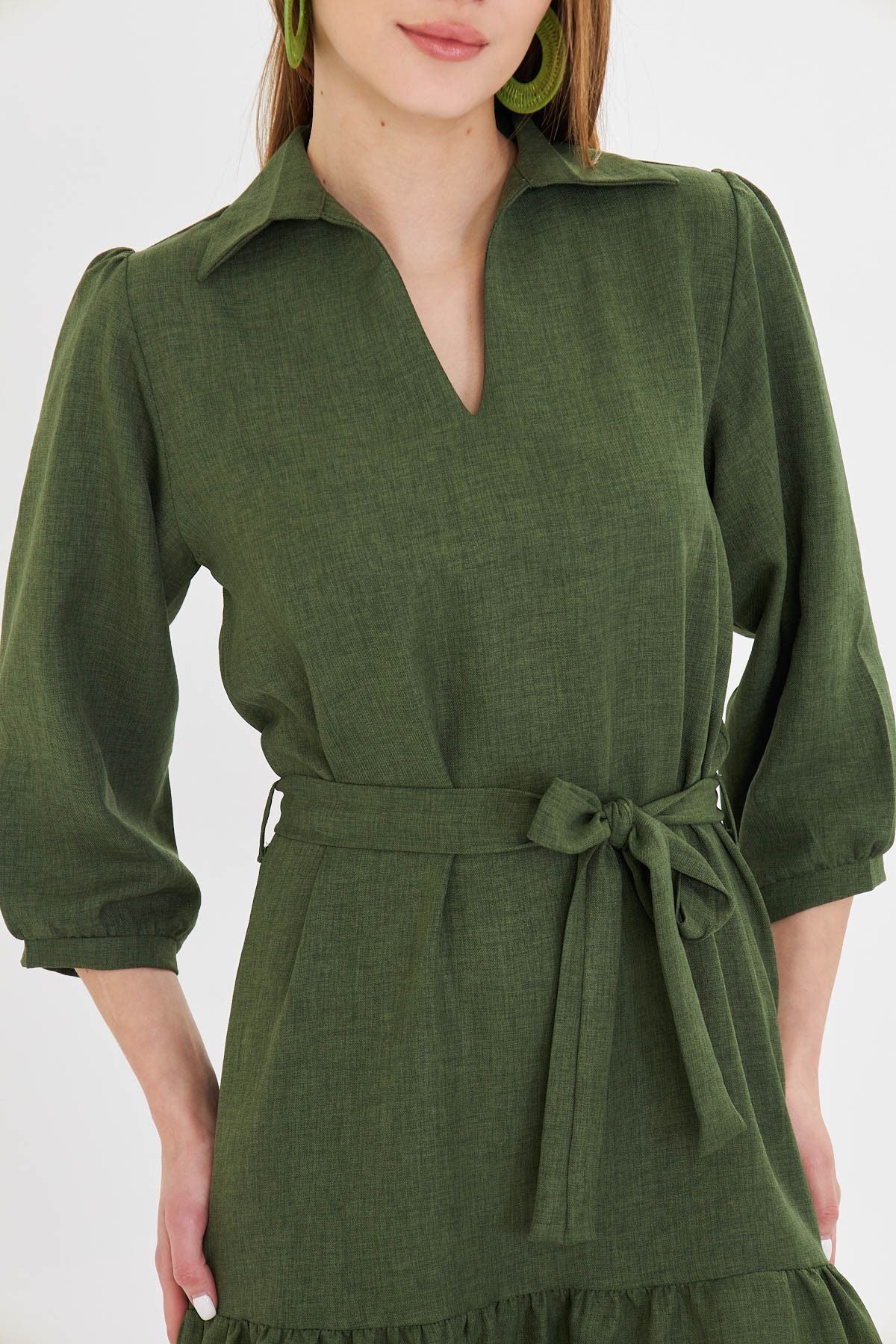 Female Green Shirt Neck Quarter Arm Waist Belled Skirt Shirred Dress ARM-25Y001010