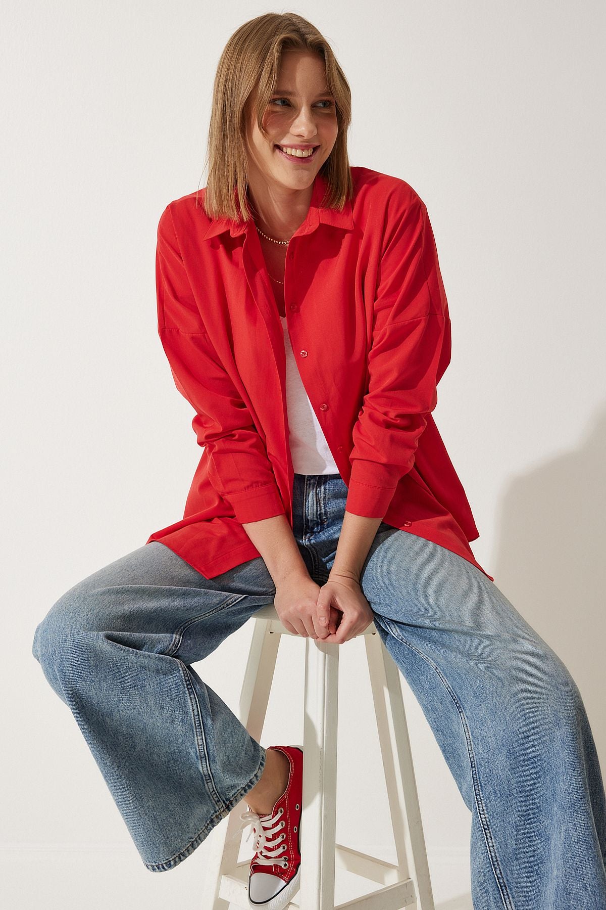 Woman Middle Red Oversize Long Basic Shirt DD00842