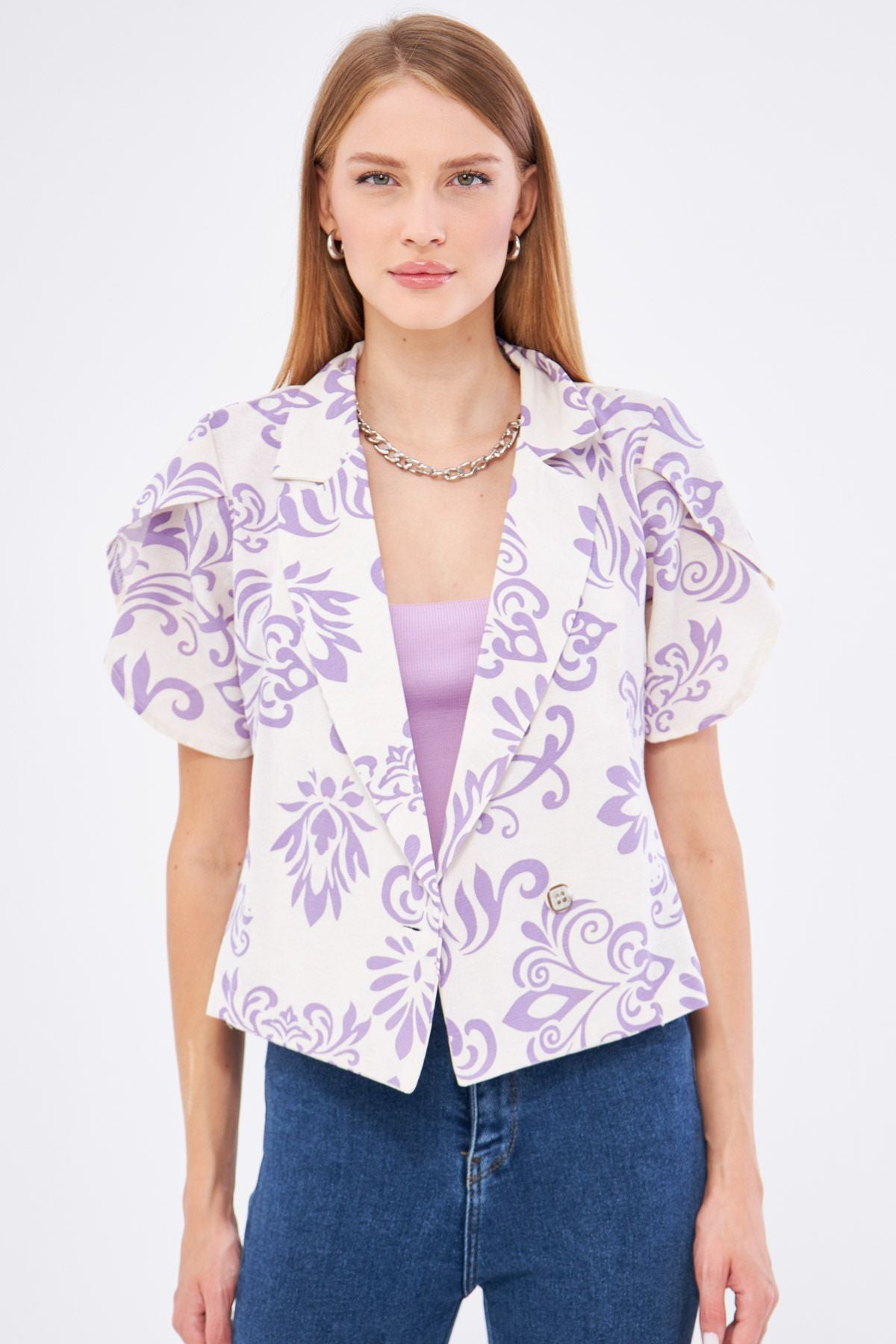 Woman Lilac Flax Looking Patterned Band Slit Crop Short Sleeve Jacket ARM-24Y001095