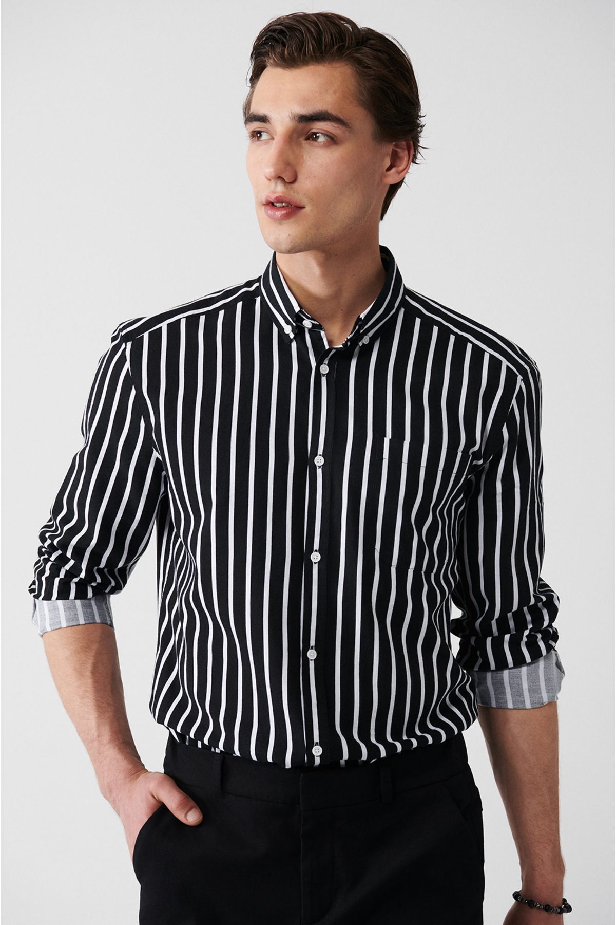 Men's black 100 %cotton oxford striped shirt A31y2055