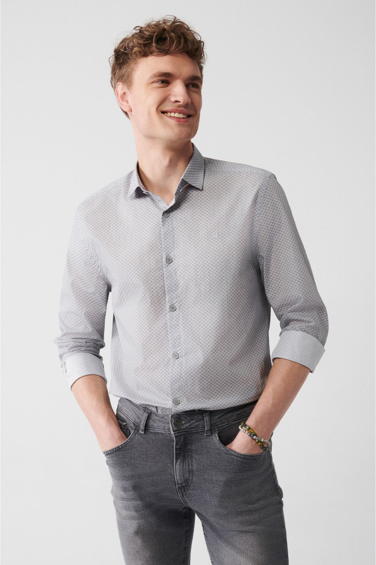 Male Light Gray 100 %Cotton Printed Shirt A31Y2040