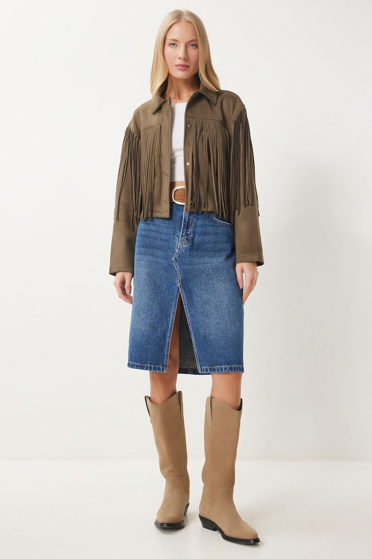 Female Khaki shirt collar tassel suede jacket DP00222