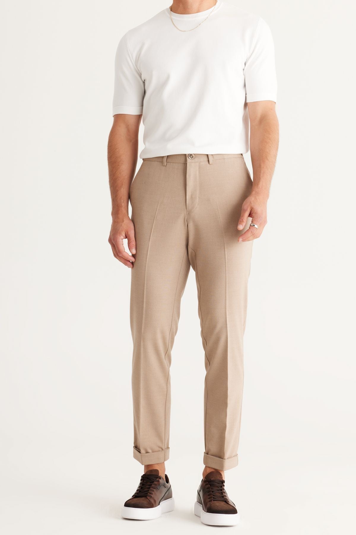 Men's Beige Slim Fit Narrow Cut Waist Waist Flexible Classic Fabric Pants