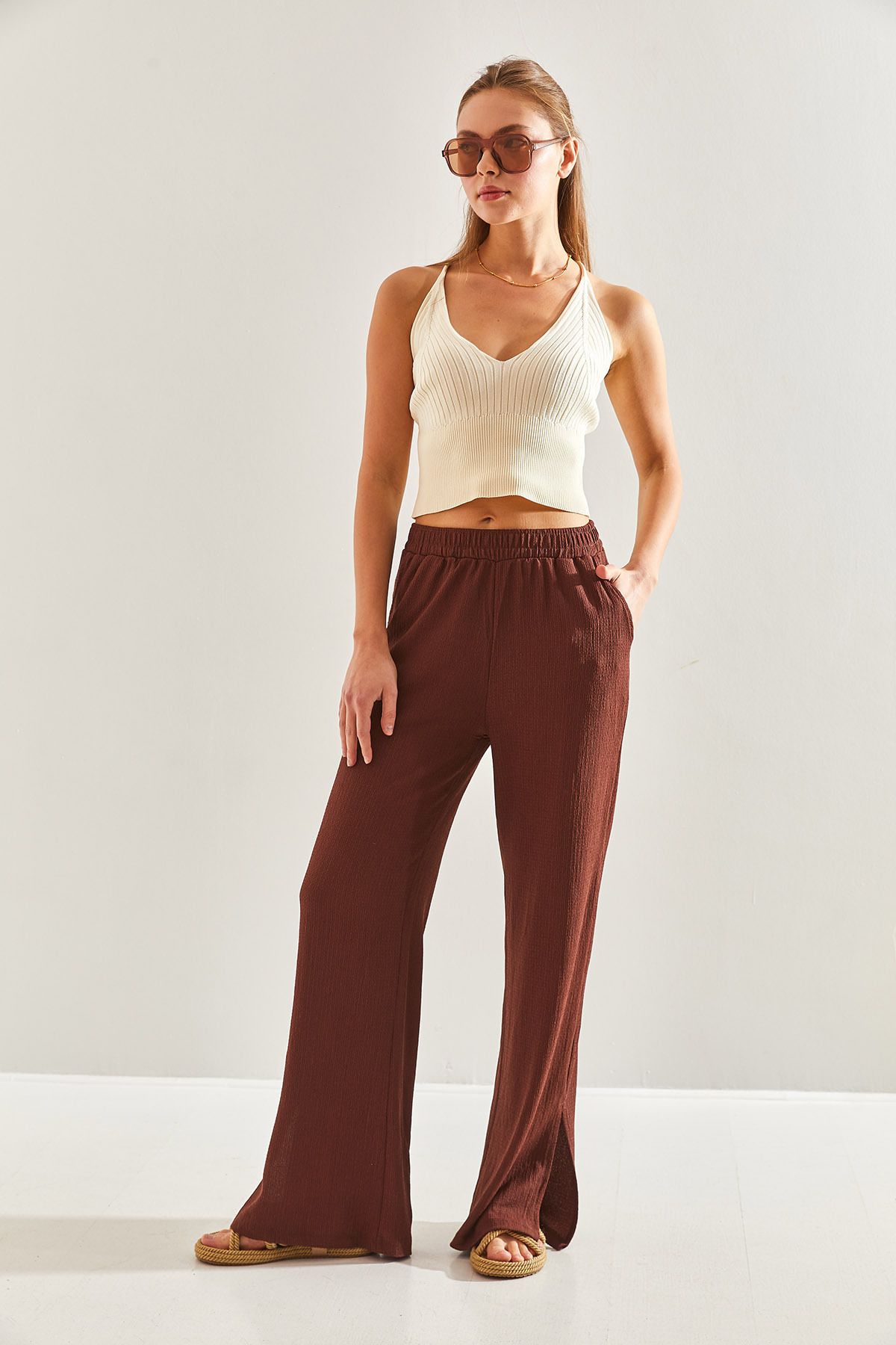 Women's waist rubber palazzo side slit trousers 60171010