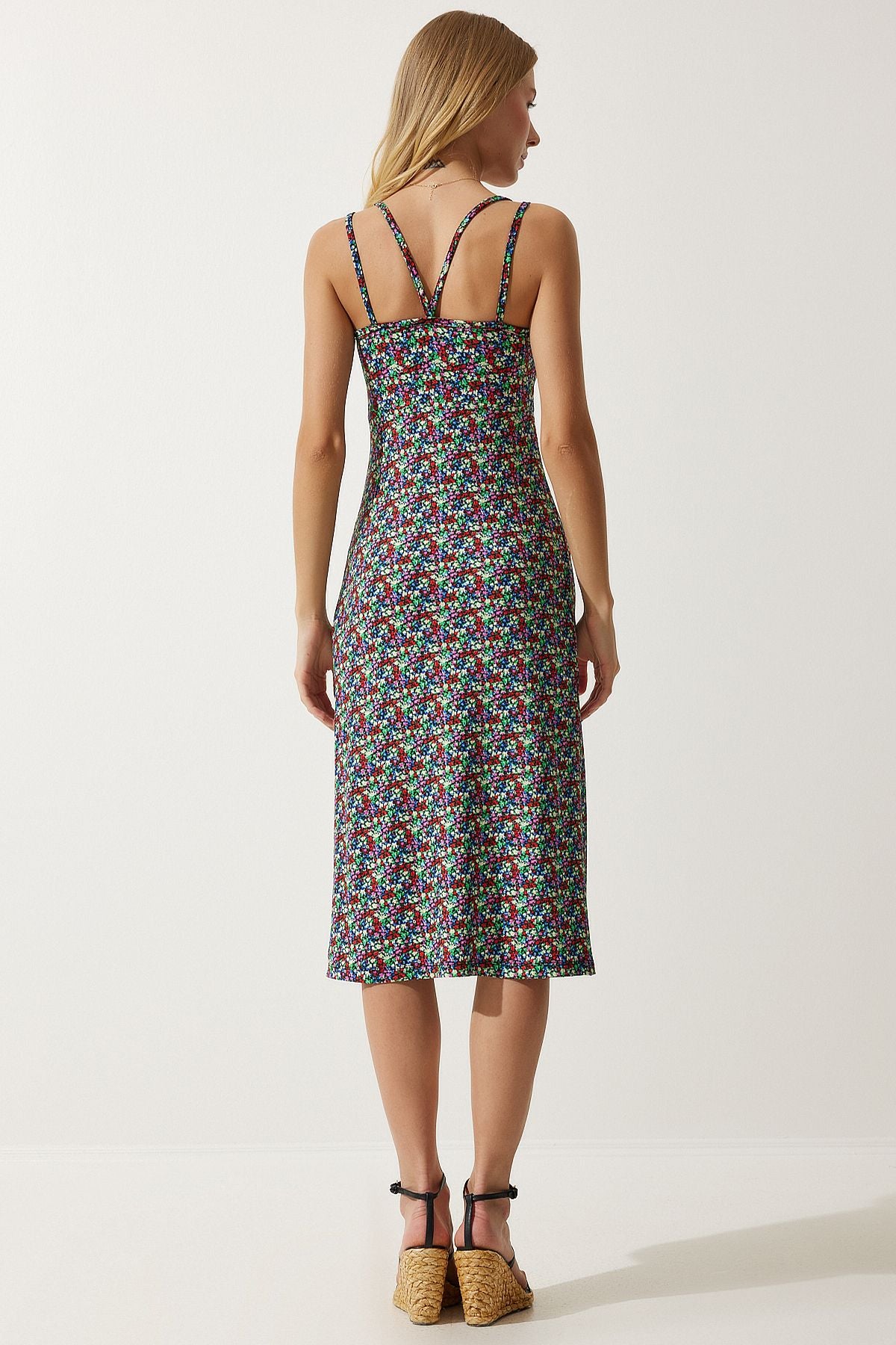 Woman Blue Green Double strap patterned knitted dress mc00262