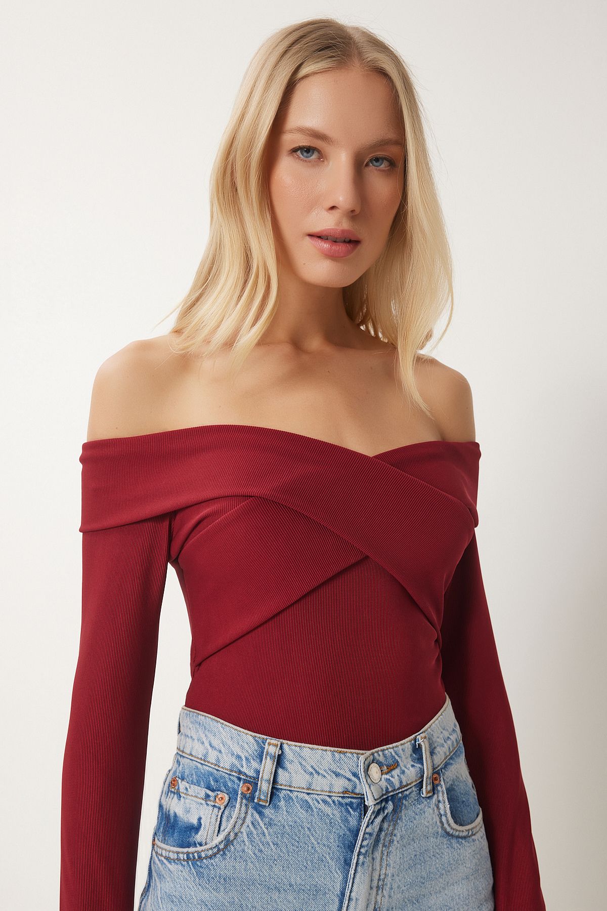 Female Bordeaux Crafts Neckline Open Knitting Blouse FF00169