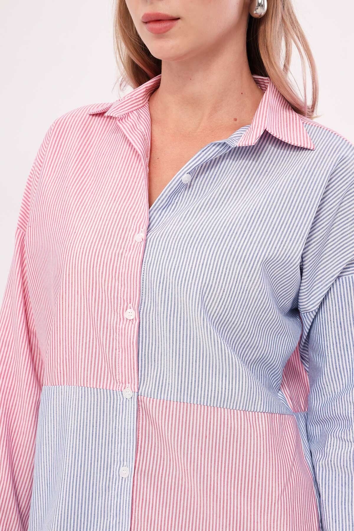 Women's Blue striped two-color long sleeve shabby shirt ARM-21K001193