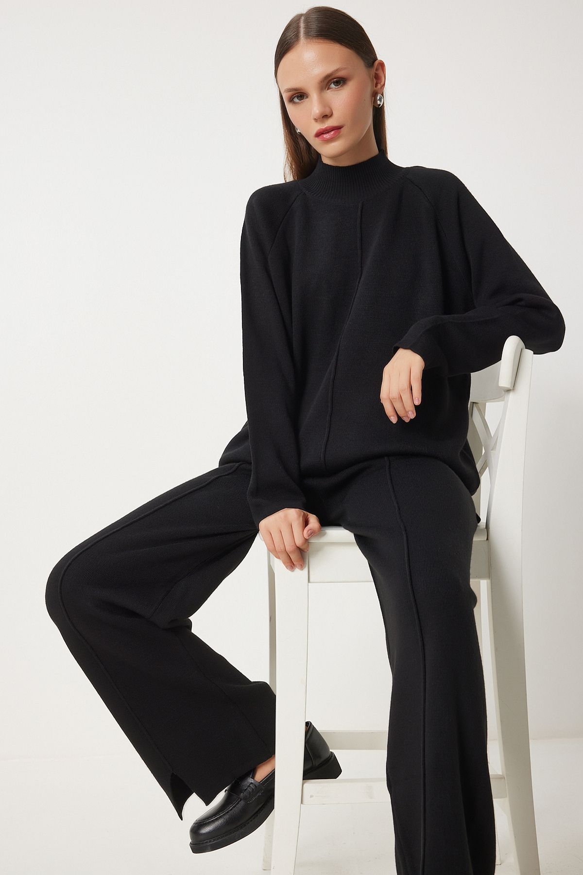 Woman Black Stylish Knitwear Cossack Pants Set Mu00012