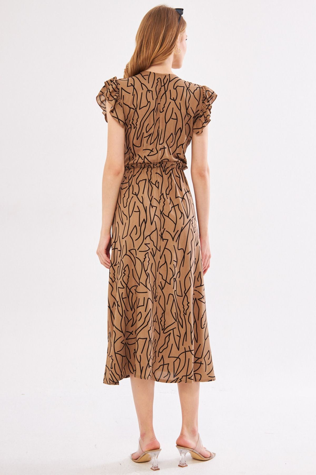 Female mink stomach dress cruve collar shoulder frilly detailed waist midi midi height ARM-24Y001020