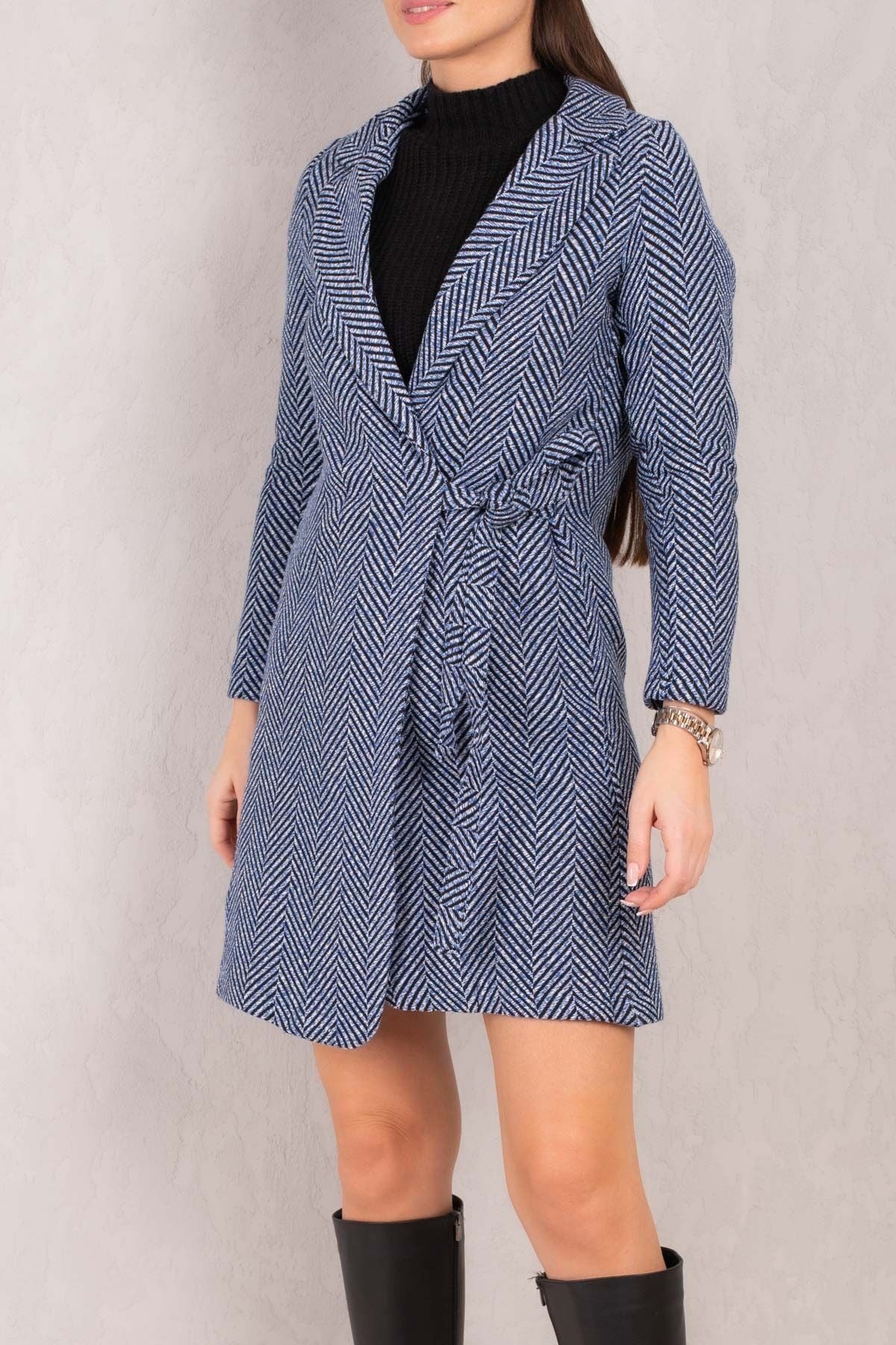 Woman Blue Side Fish Pattern Pattern Long Stamp Coat ARM-24K001010