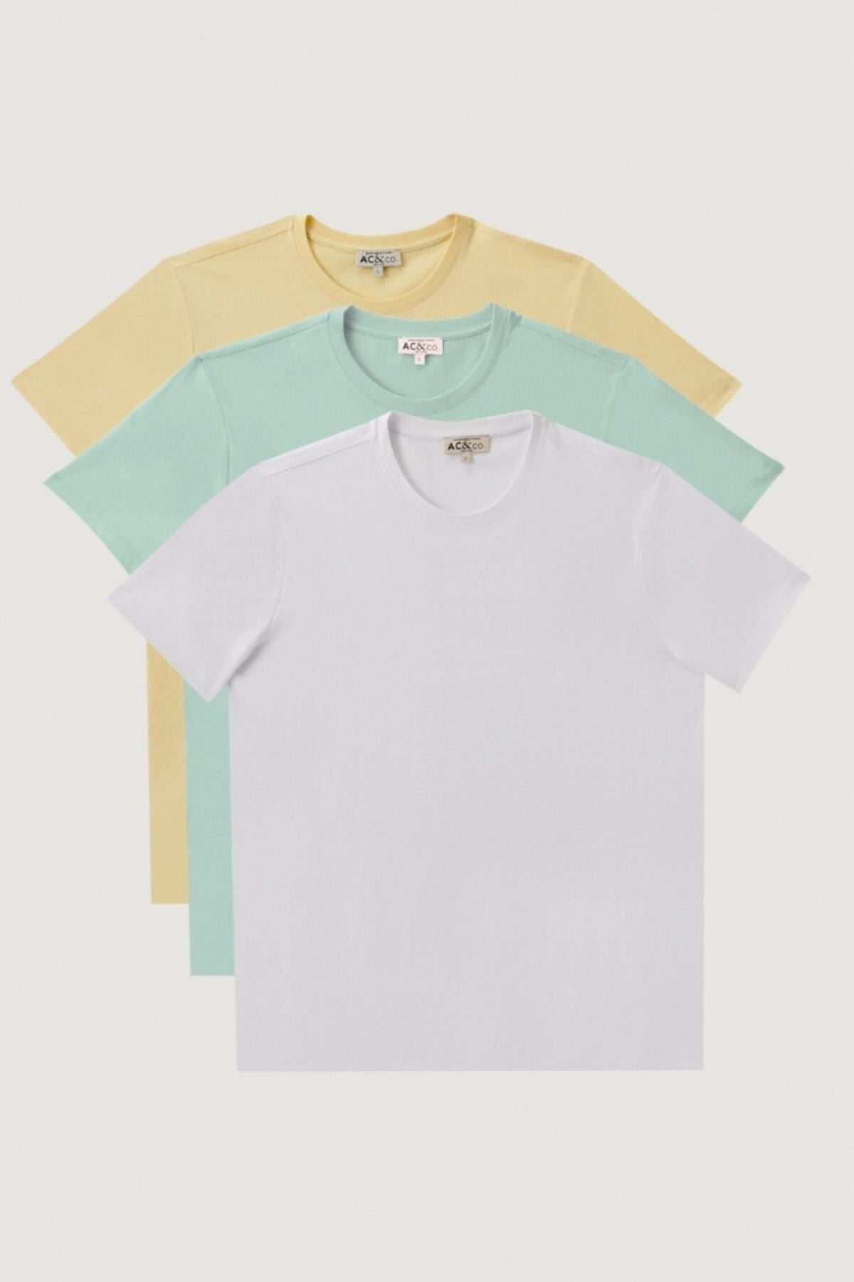 Men's Mınt-Yellow-White Slim Fit Num Fit Narrow Cycling Bike Yaka 3 Piece 100 %Cotton Basic T-shirt package
