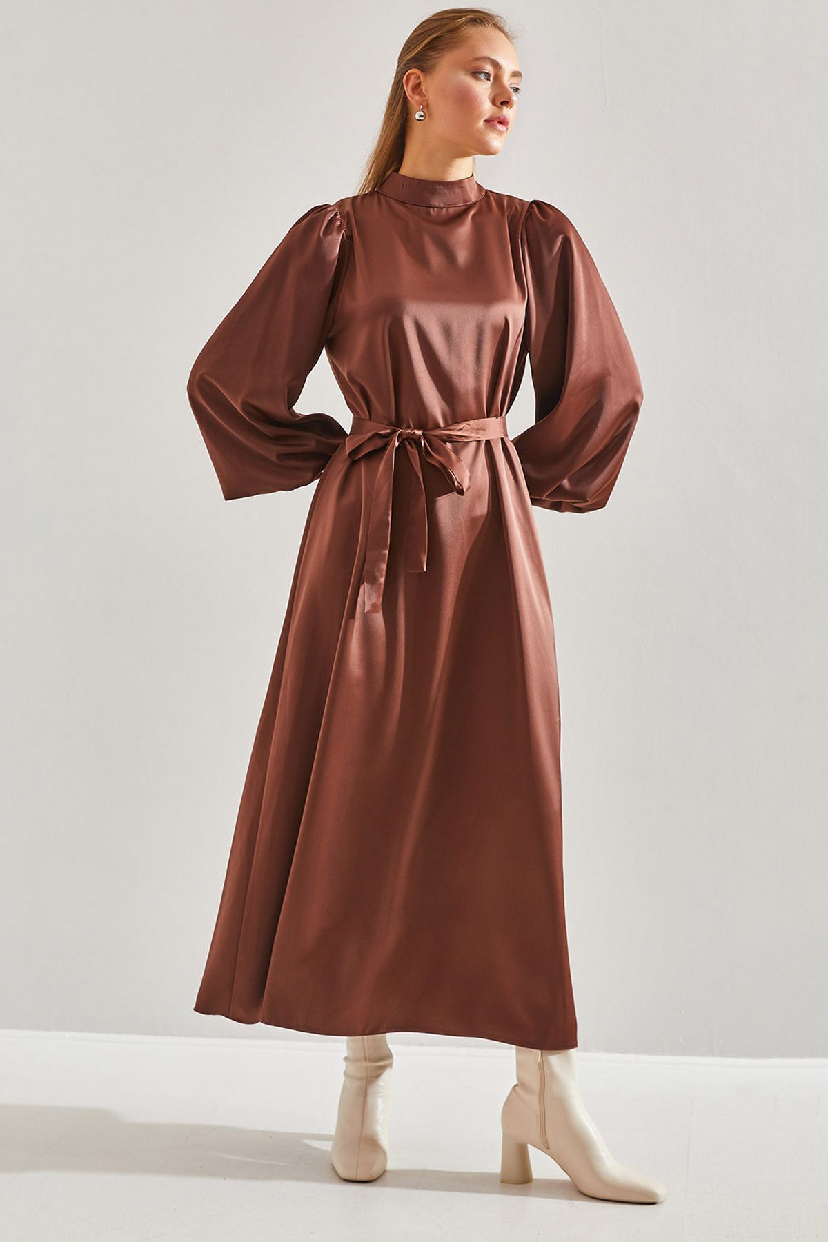 Female Balloon Sleeve Satin Hijab Dress 60151001