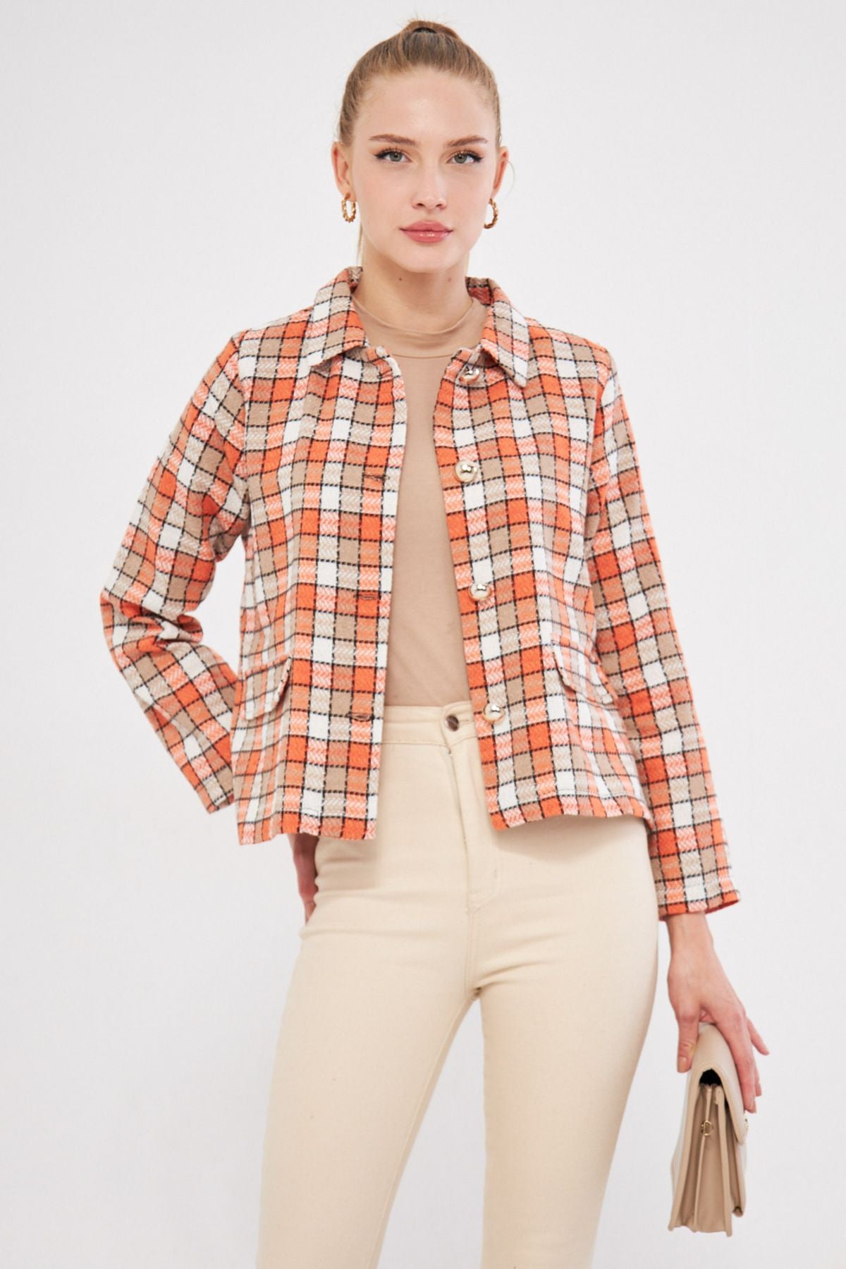 Women's Orange Patterned Pocket Cover Jacket ARM-25K001038