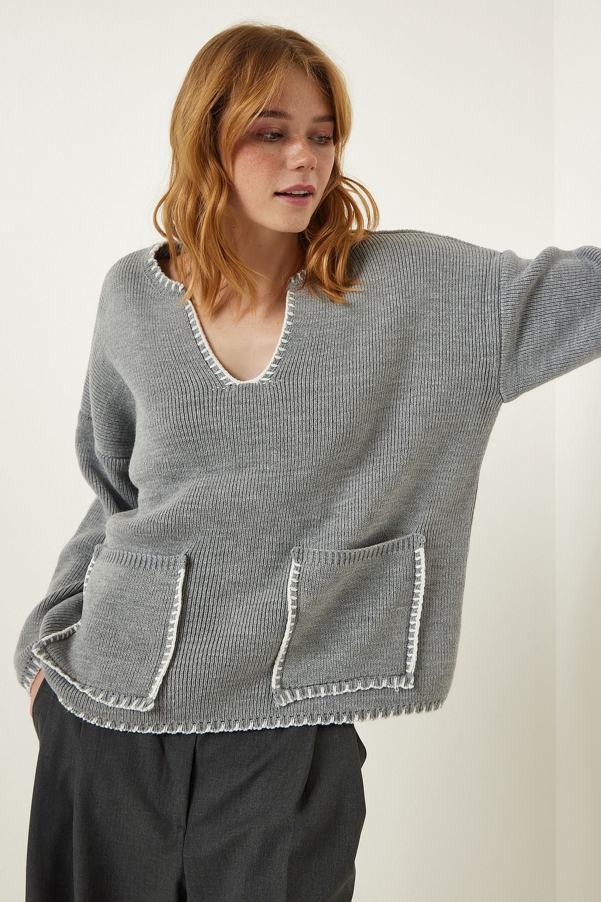 Women's gray sewing detailed pocket knitwear sweater pf00047