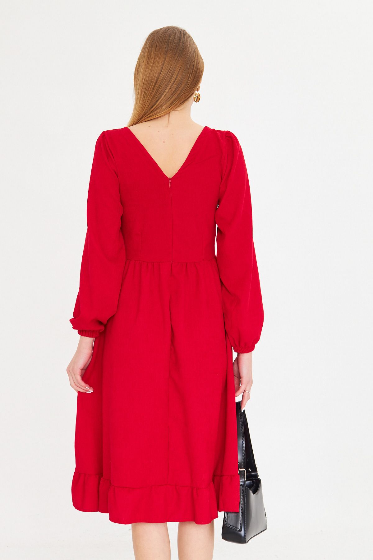 Woman Red U Back Back Zippered Waist Midi Midi Velvet Dress ARM-25K001103