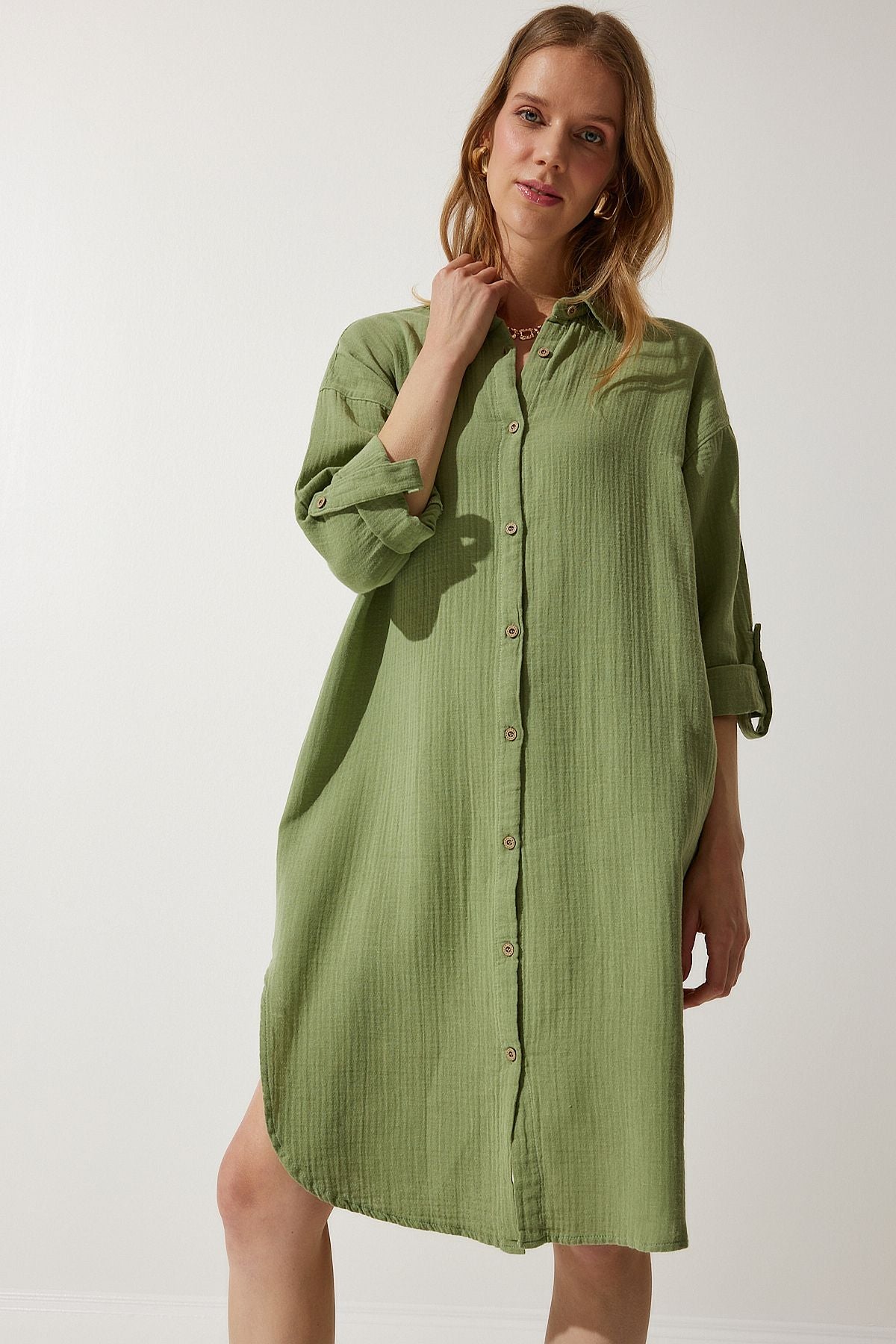 Women's Cagla Green Oversize Müslin Shirt Dress Sa00021