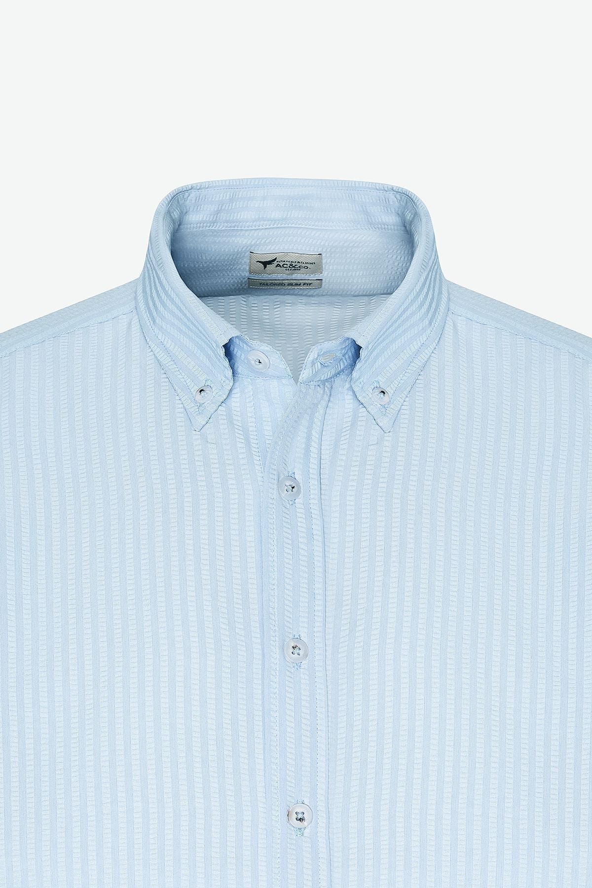 Men's light blue wrinkle technical oxford wafer patterned slim fit narrow cut buttoned collar flexible shirt