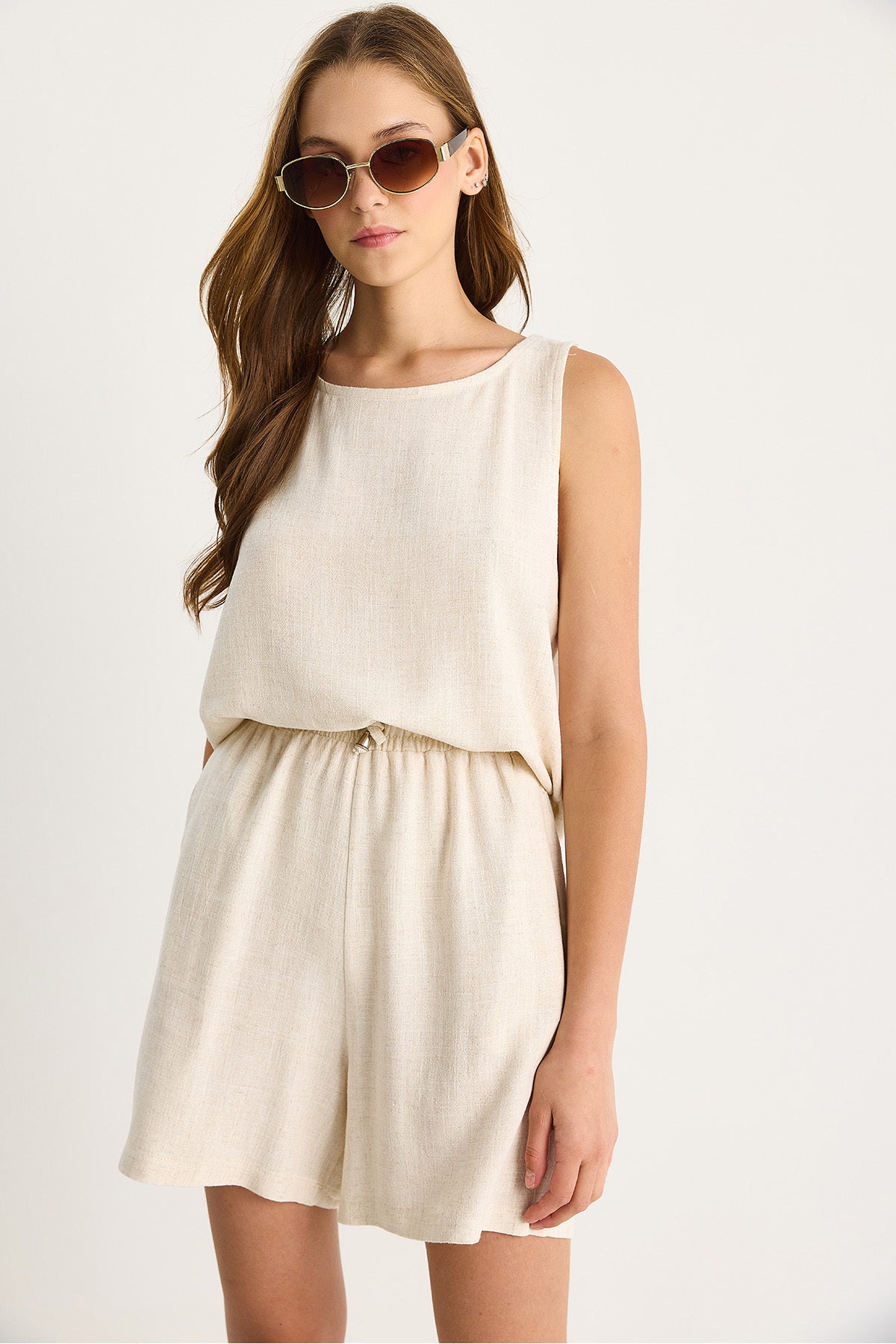 Women's Thin Viscose Linen Blouse Shorts Set 60282024