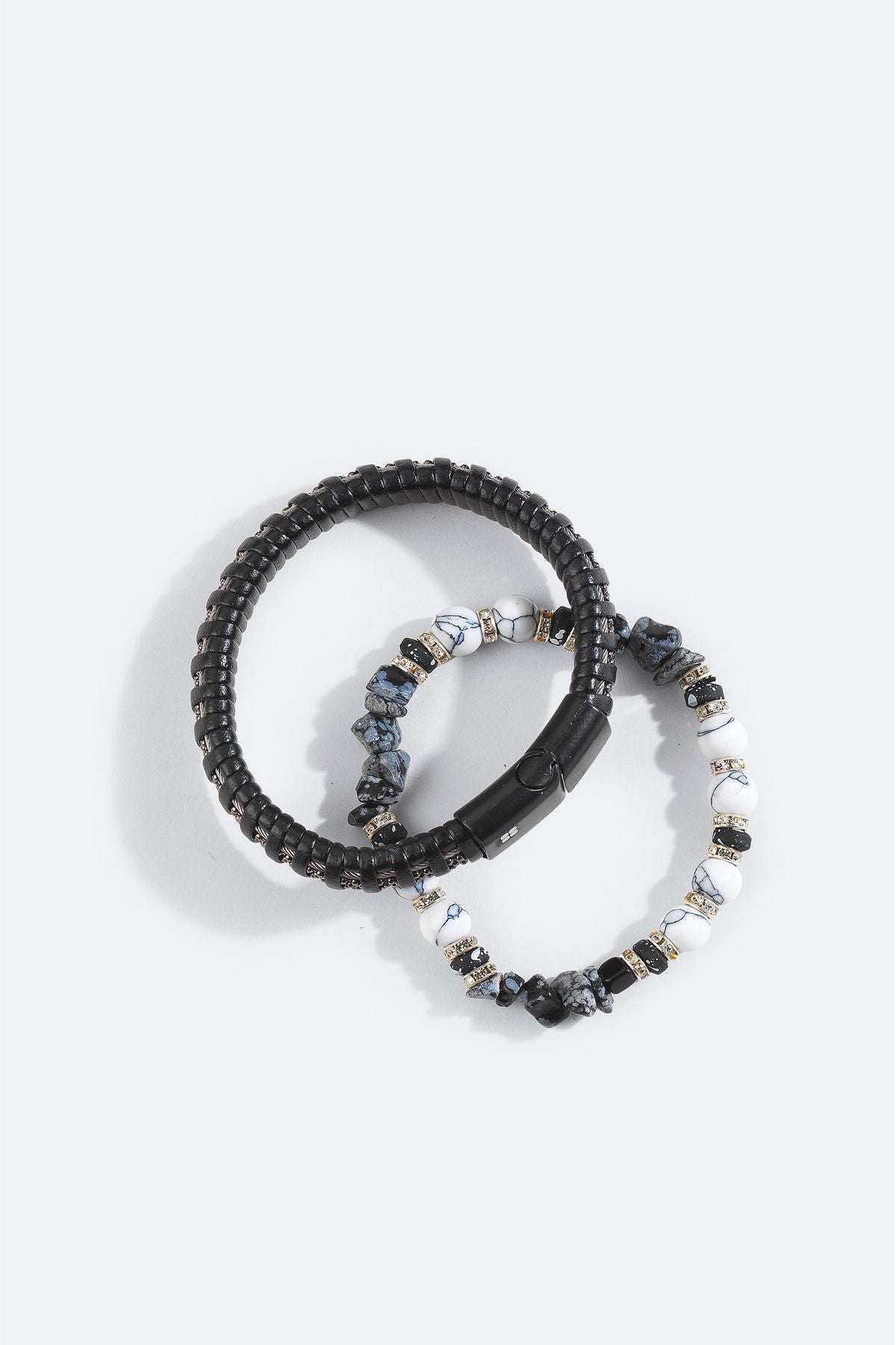 Men's black-and-white leather gazelle and hematitis stone bracelet A42y9616