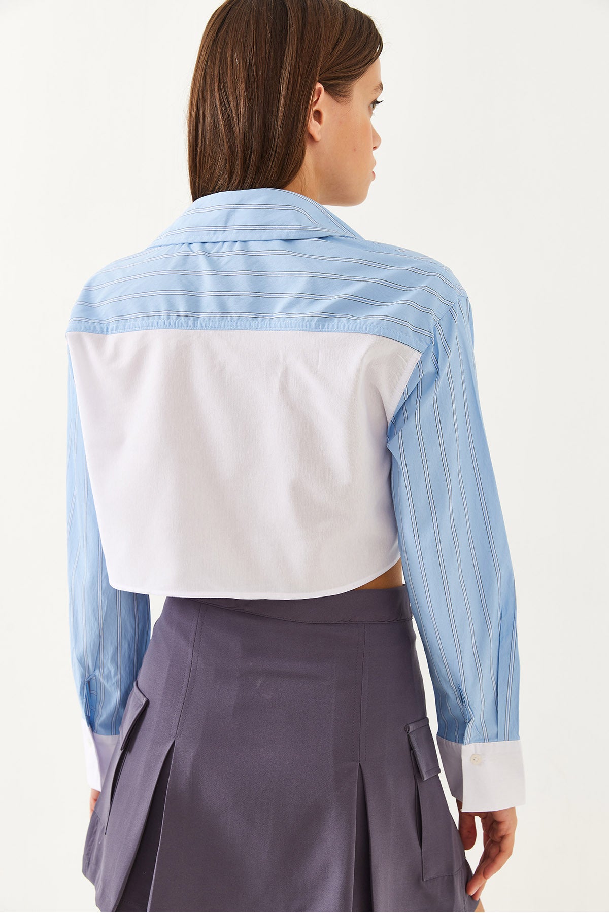 Women's Asymmetrical Striped Cuff Detailed Crop Shirt 4451 60251915