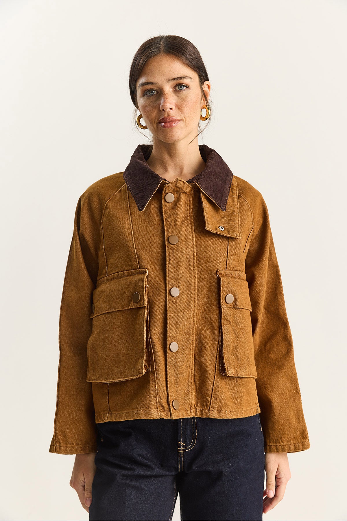 Women's Contrast Velvet Collar Detailed Large Pocket Gabardine Oversize Denim Jacket 6051 60283862