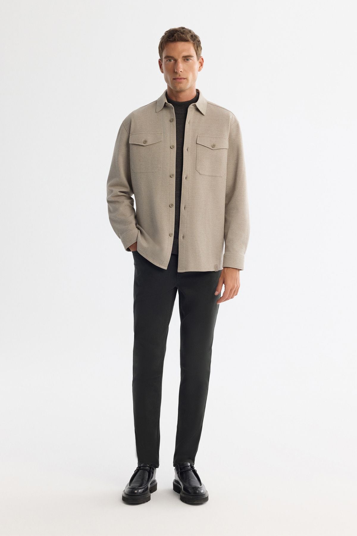 Men's Beige Classic Collar Diagonel Shirt Jacket A42Y2015