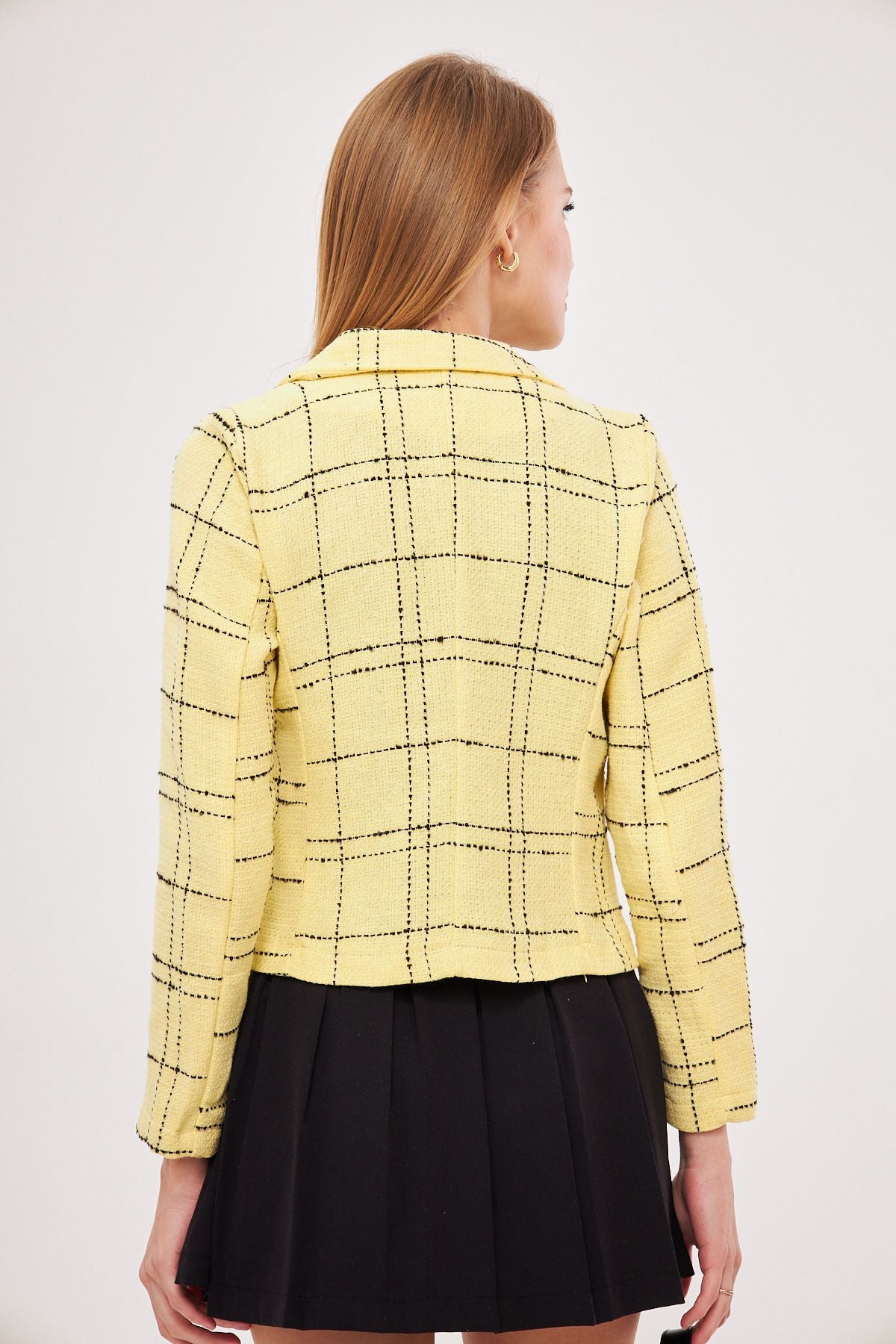 WOMEN Yellow-Black Cruve Yaka Tüvit Crop Jacket ARM-24K001014