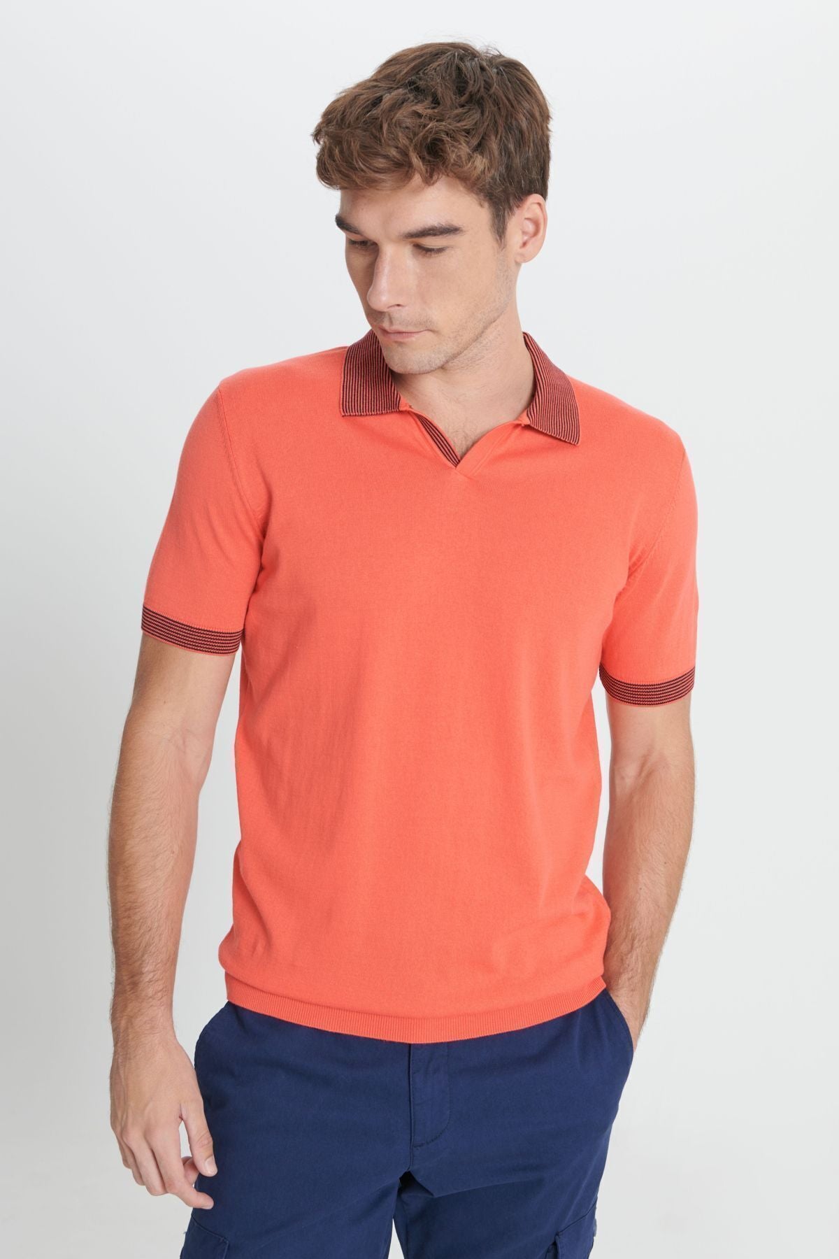Male Coral Standard Fit Normal Cut Polo Yaka 100 %Cotton Knitwear T -shirt