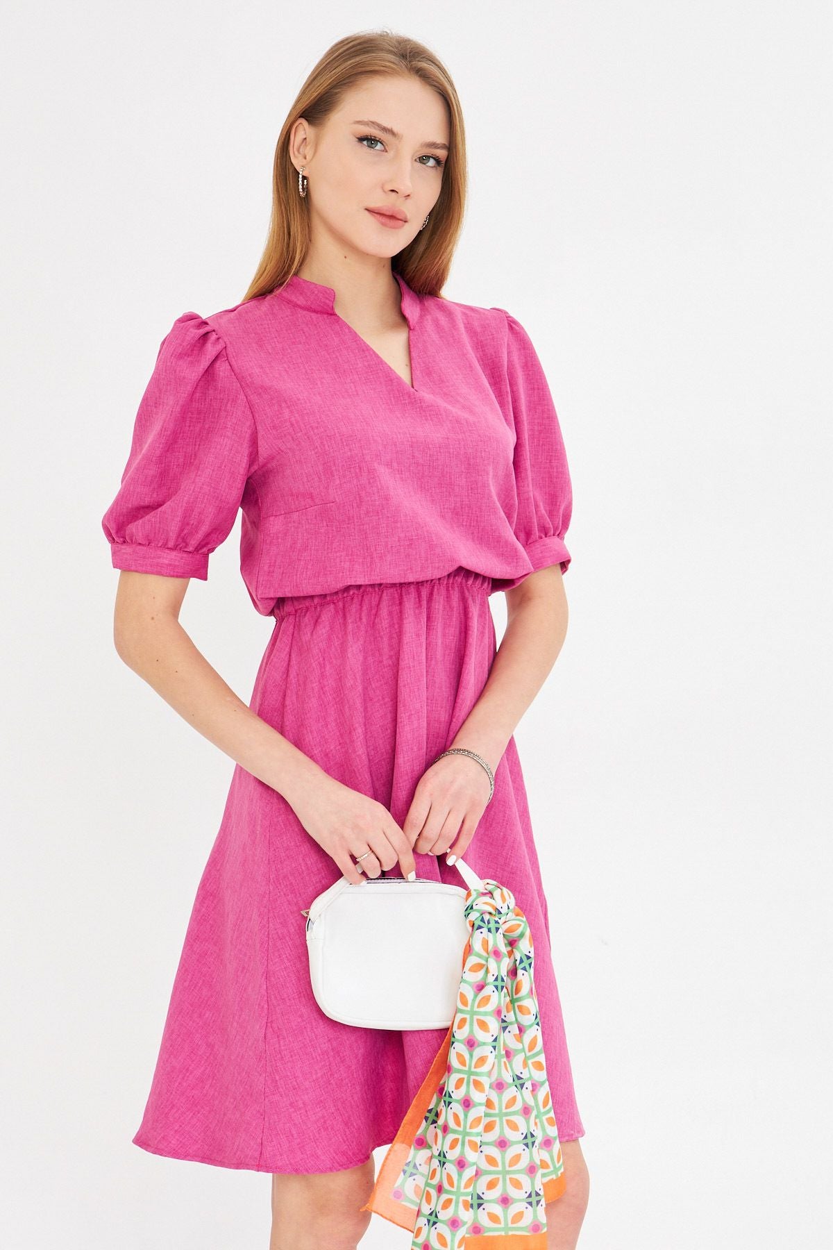 Women's Fuchsia V-Yaka Waist Waist Tire Short Sleeve Clash Dress ARM-25Y001001