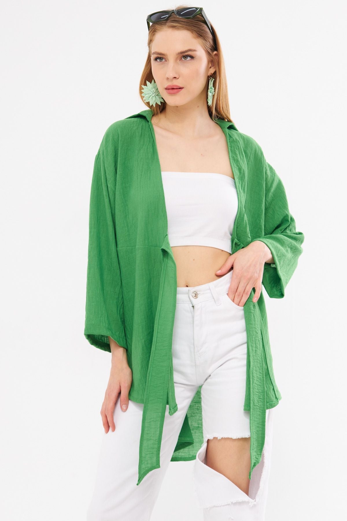 Female green linen-looking front-binding kimono shirt ARM-24Y001063