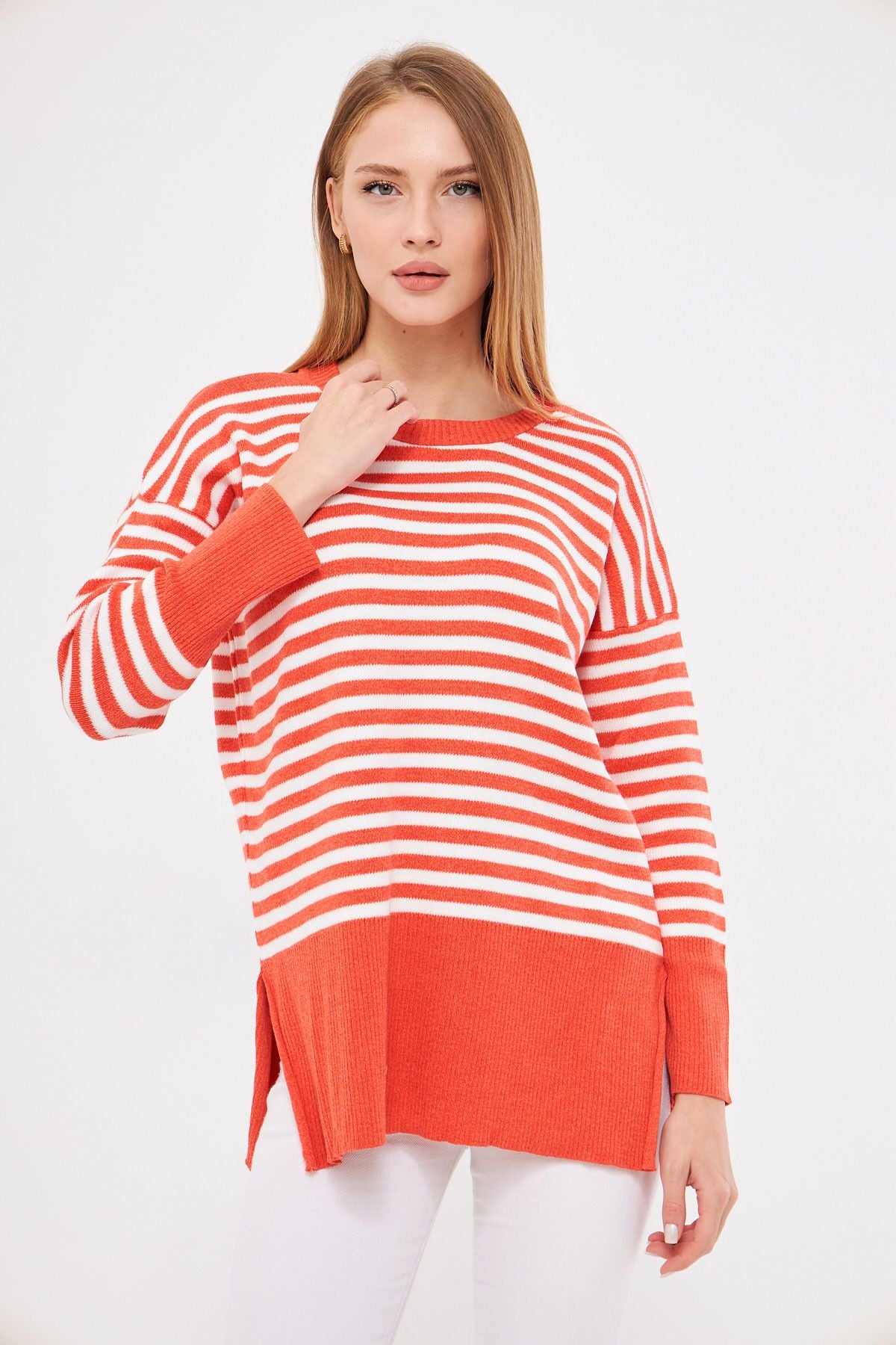 Women's Orange Round Collar striped knitwear sweater ARM-24K012013