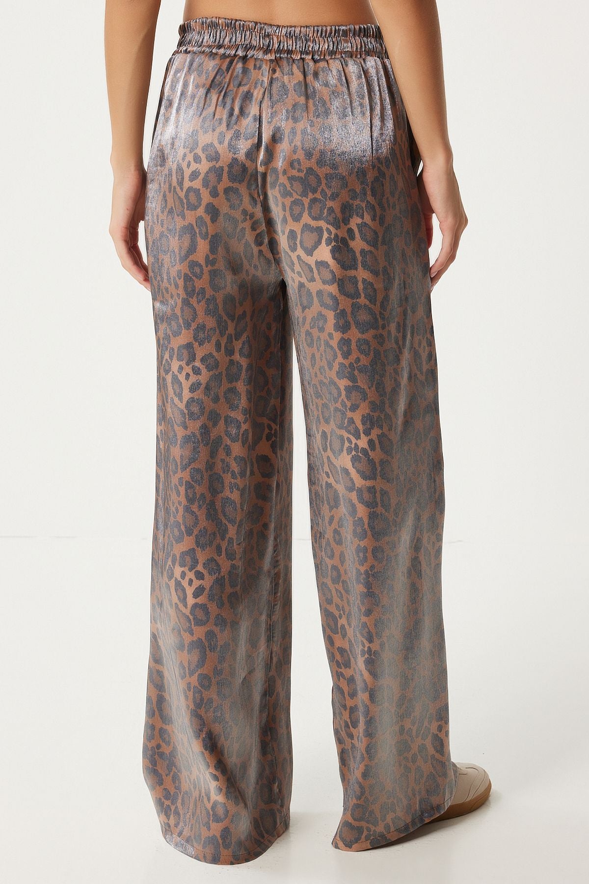 Women's black beige leopard patterned bright surface pants an00209