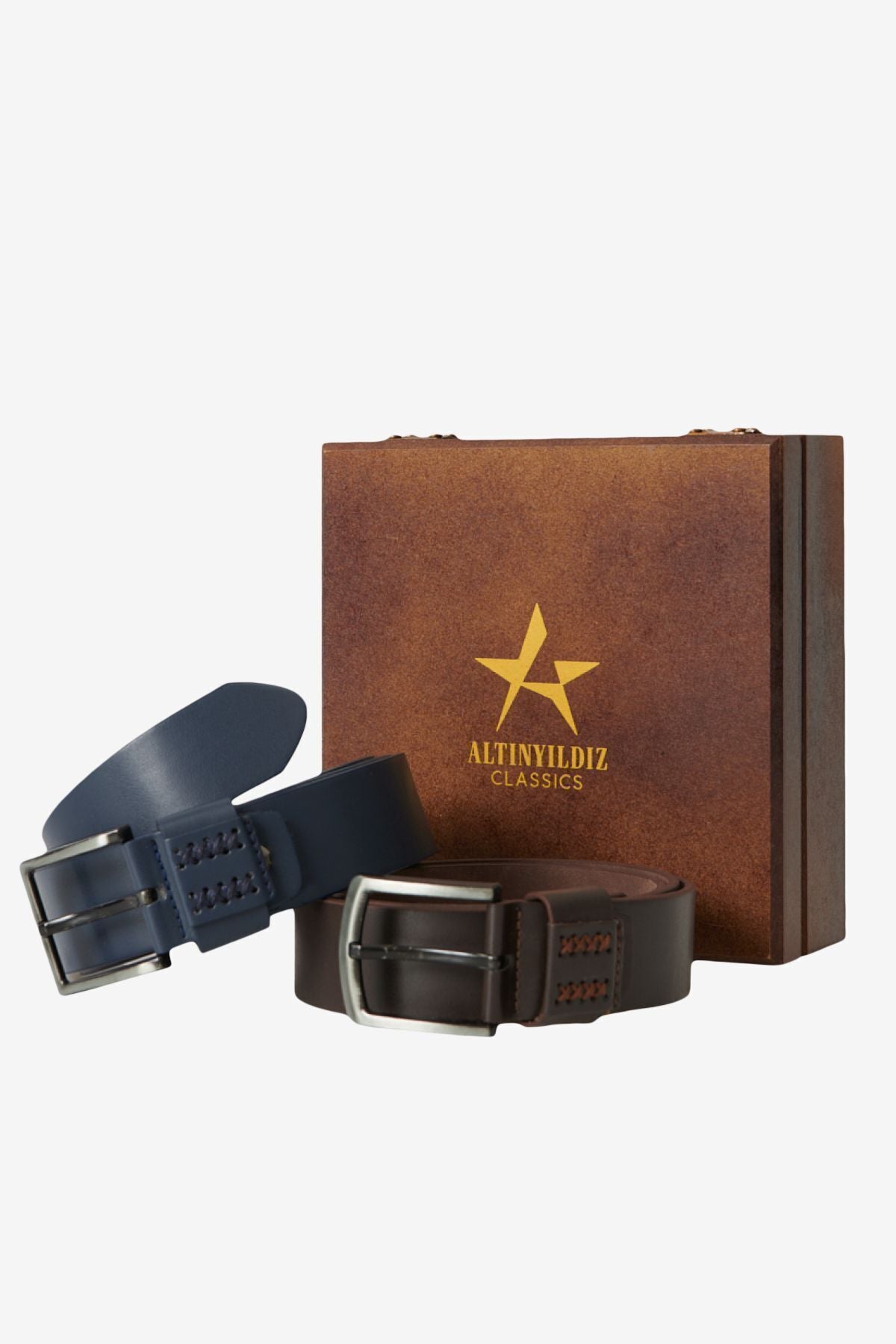 Men's Navy Blue-Brown Special Wooden Gift Boxed 2 Jeans Belt Set Damat Bohça