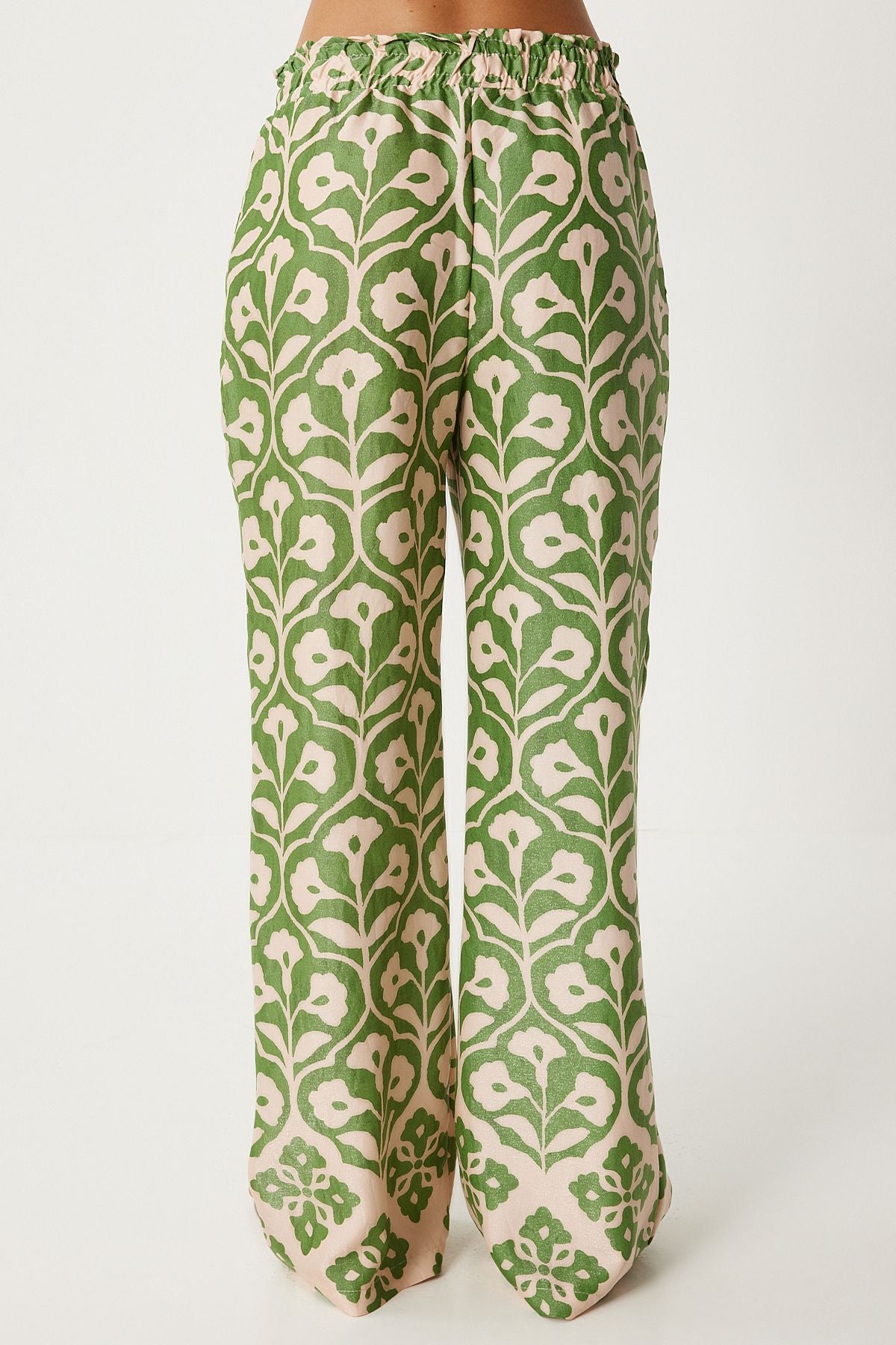 Female Green Cream Patterned Viscose Blouse Palazzo Set FN03278